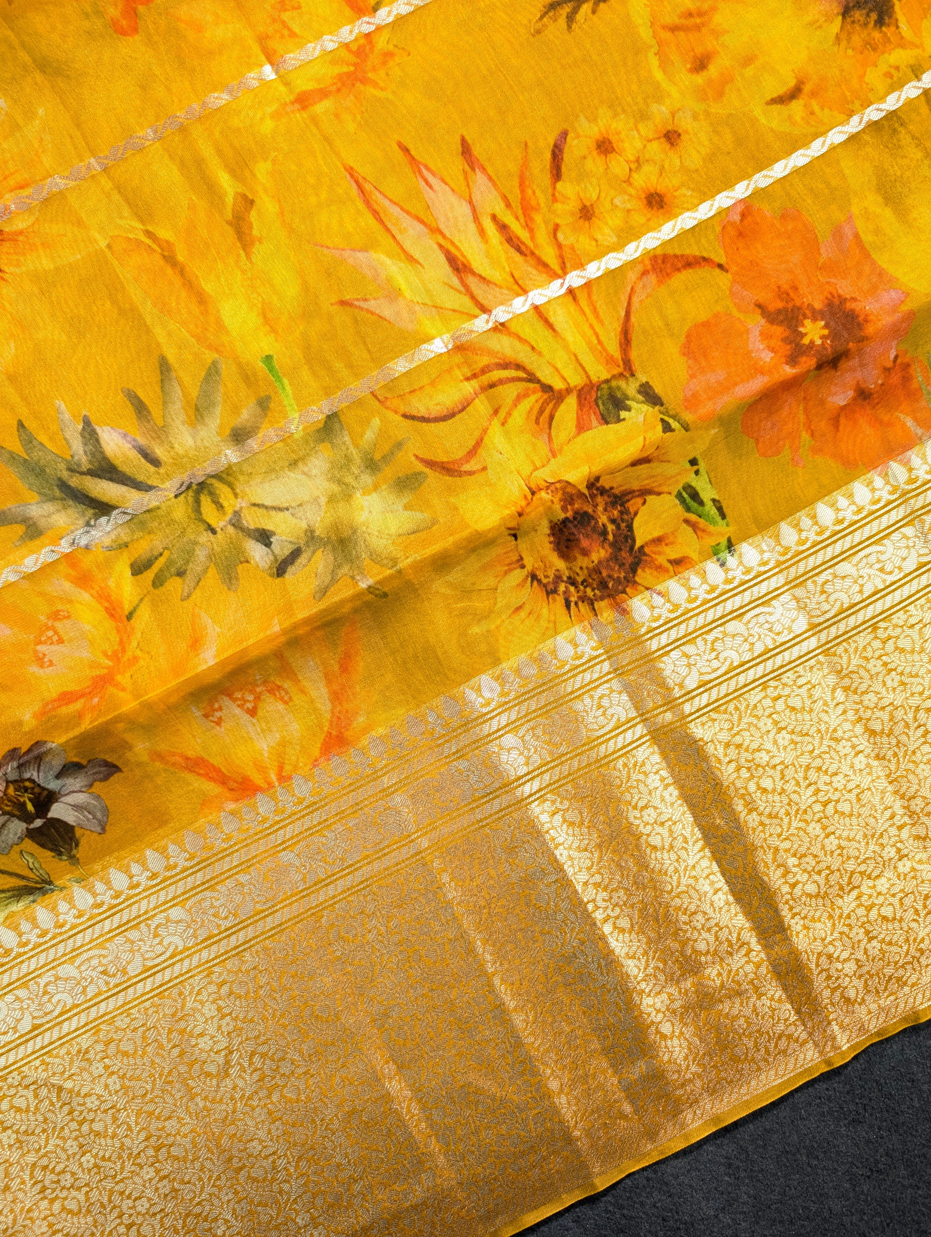 Pure Organza X Mustard Yellow Floral Saree with Zari Border