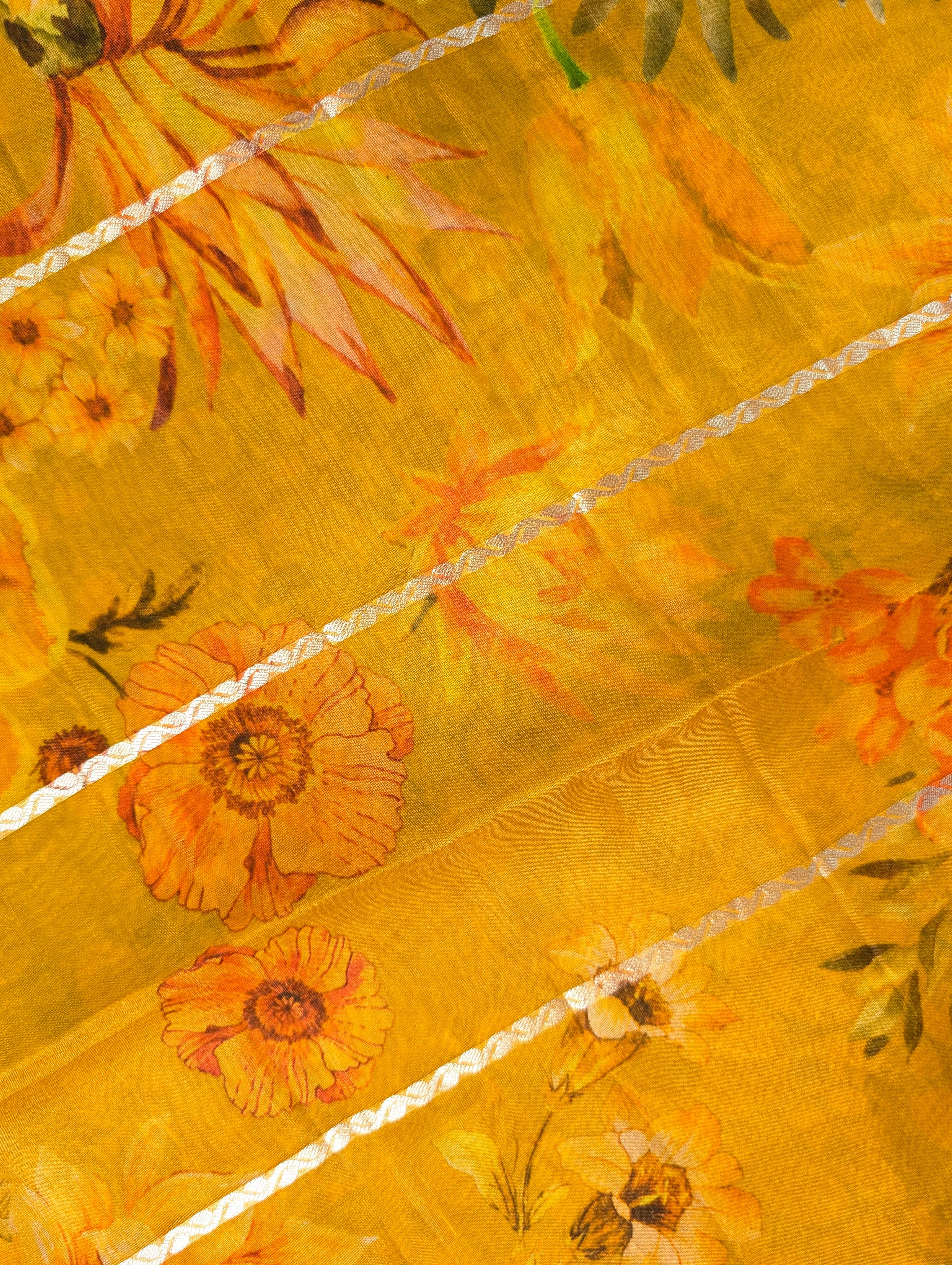 Pure Organza X Mustard Yellow Floral Saree with Zari Border