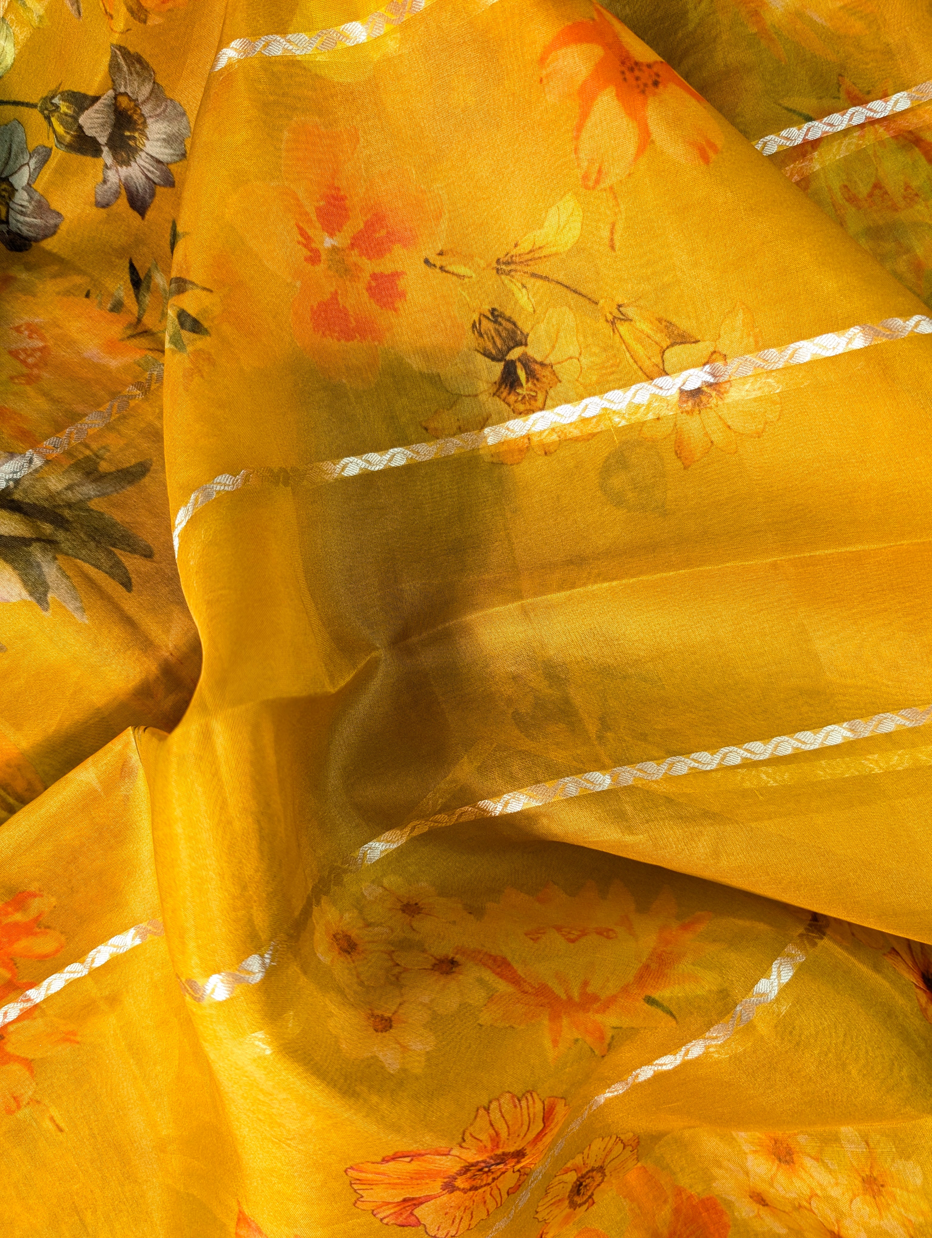 Pure Organza X Mustard Yellow Floral Saree with Zari Border