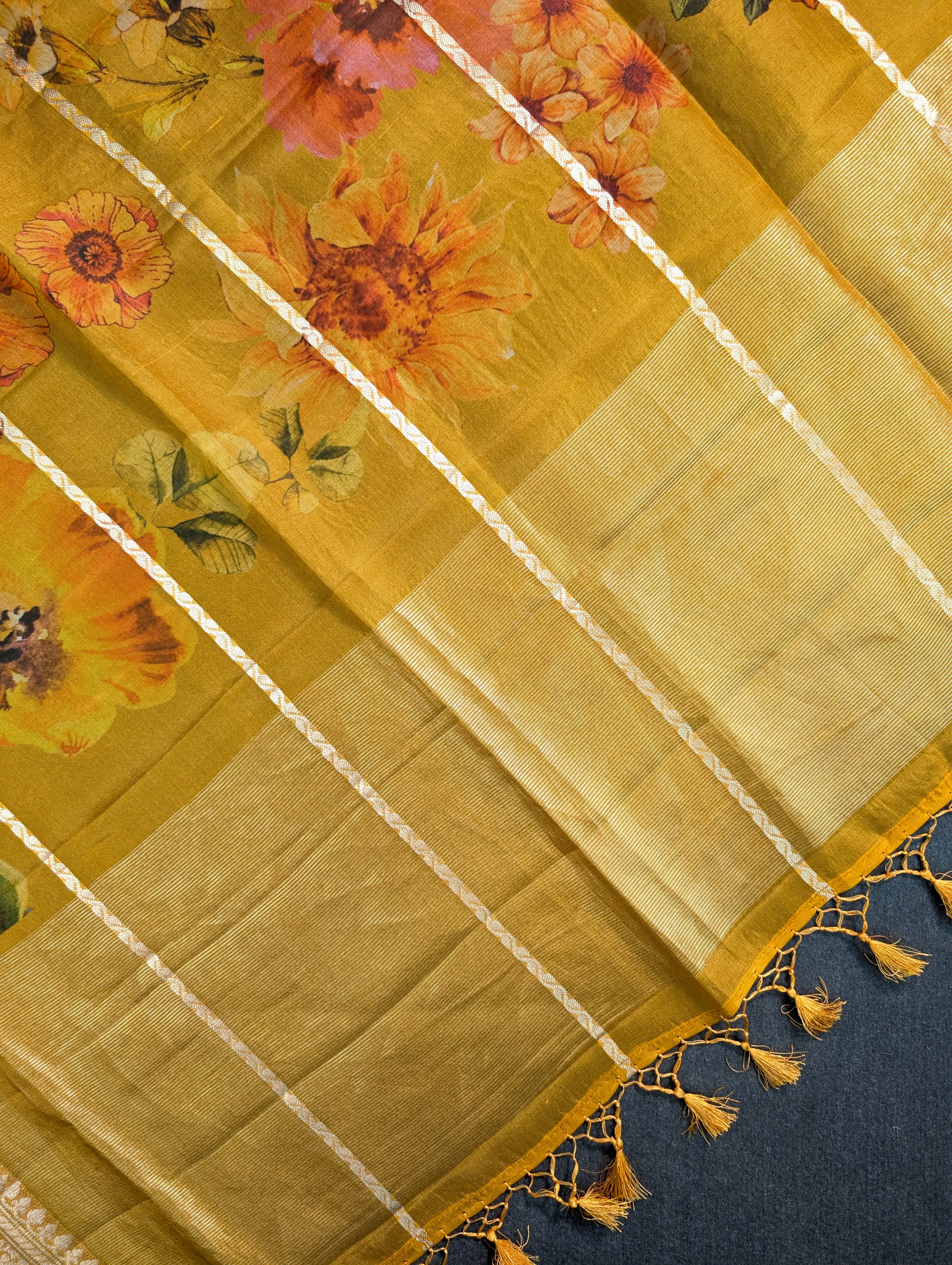 Pure Organza X Mustard Yellow Floral Saree with Zari Border