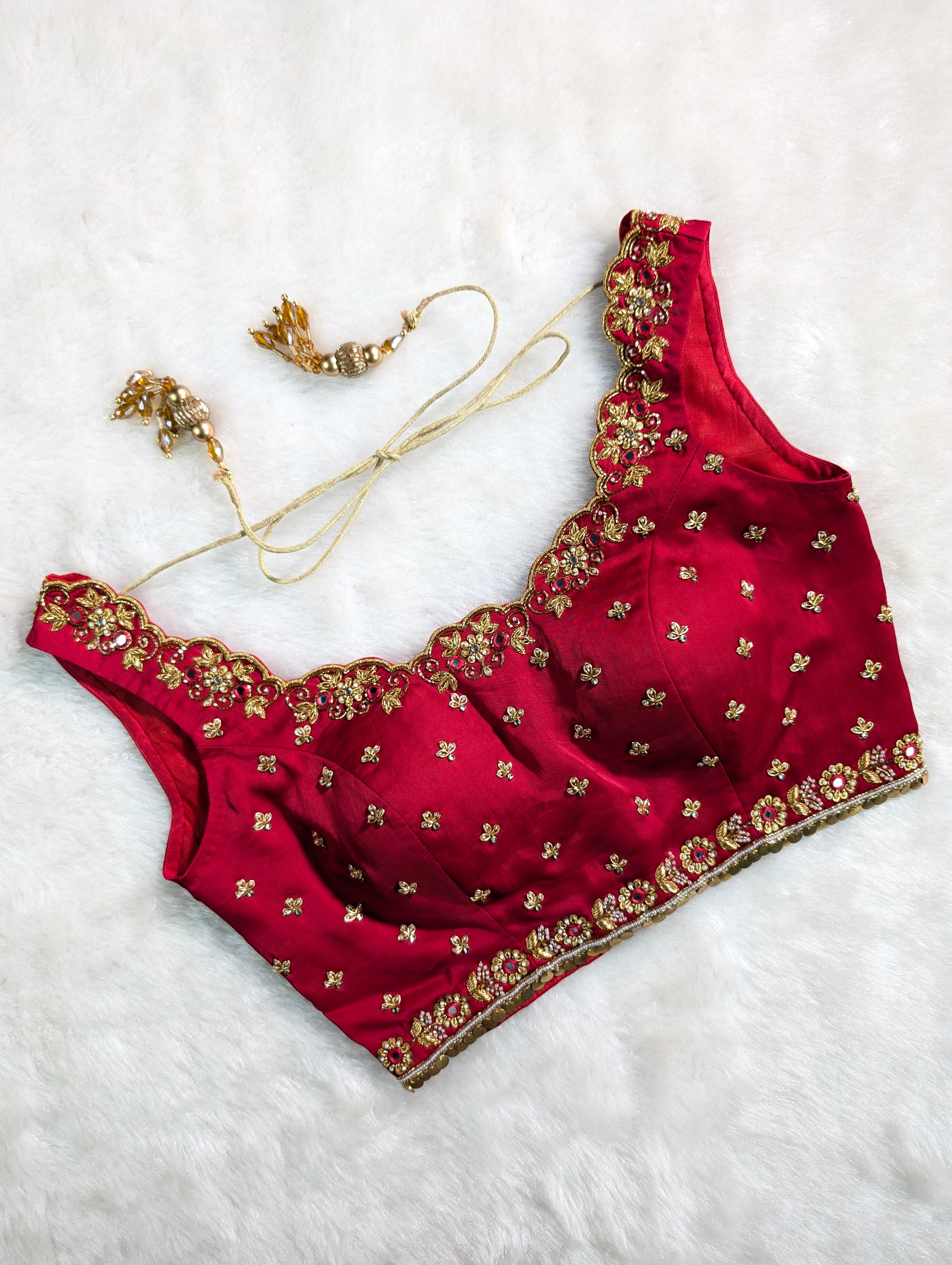 Maroon Red Embroidered Bridal Blouse with Tassel Tie-Up