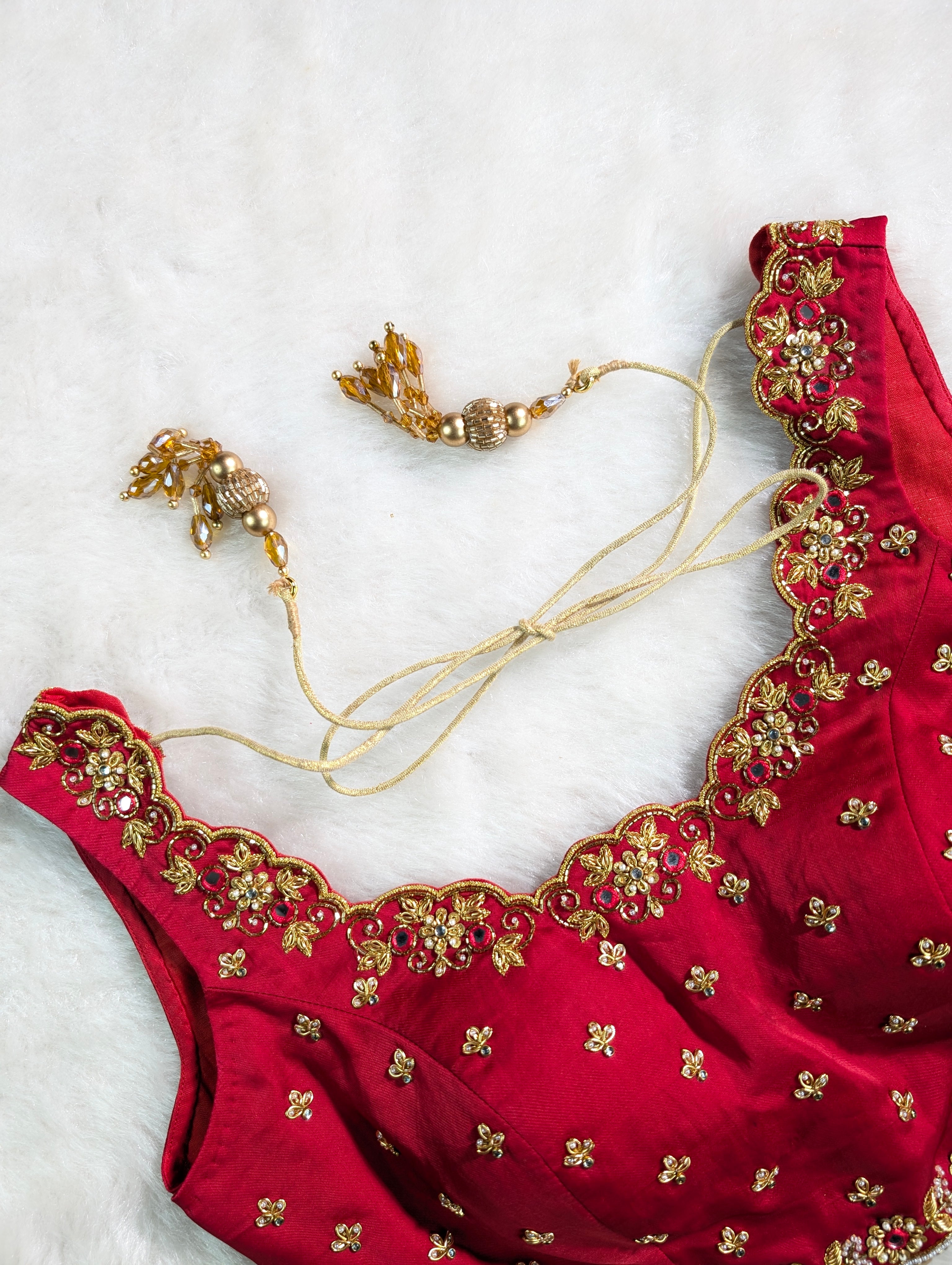 Maroon Red Embroidered Bridal Blouse with Tassel Tie-Up
