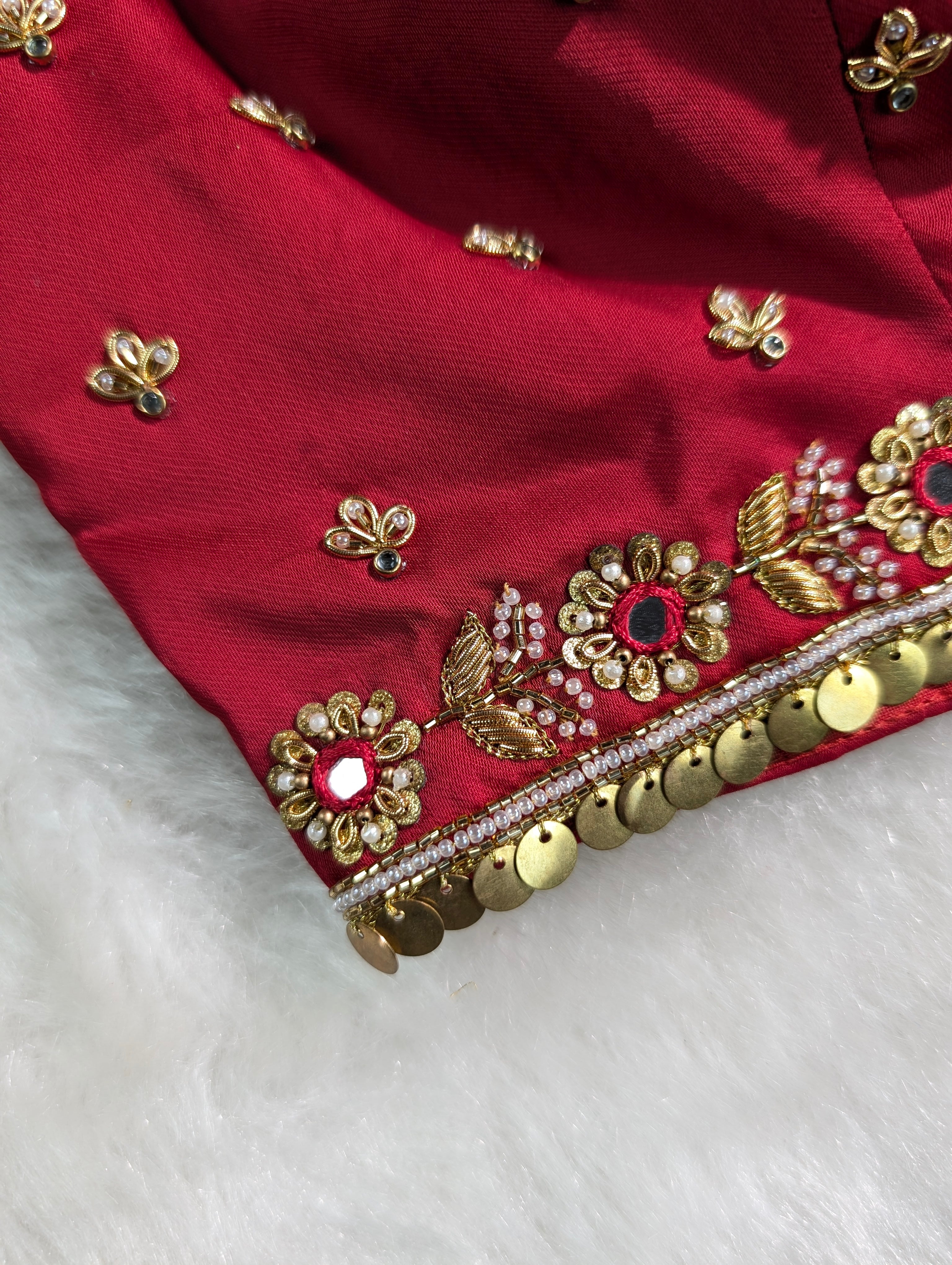 Maroon Red Embroidered Bridal Blouse with Tassel Tie-Up