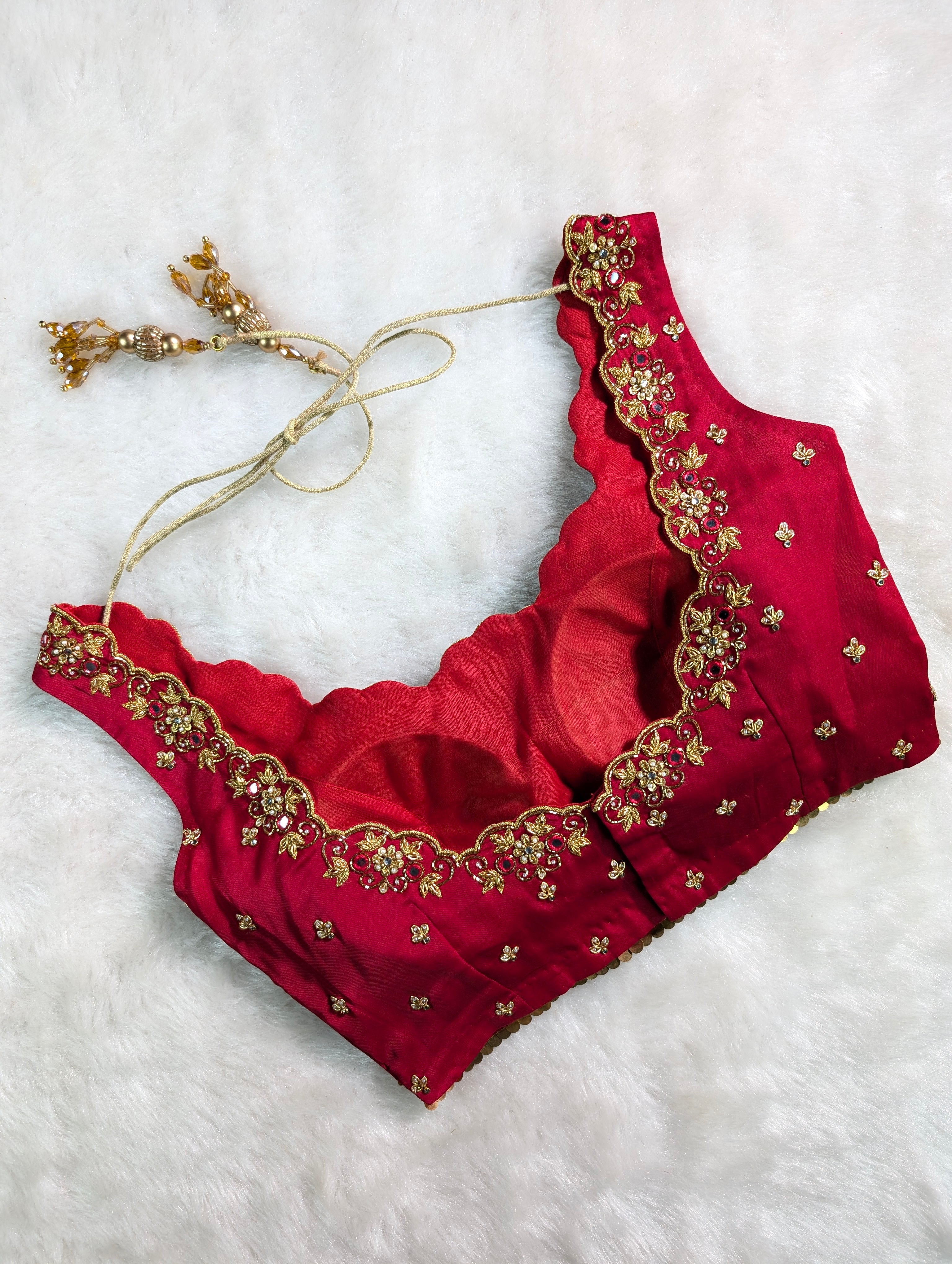 Maroon Red Embroidered Bridal Blouse with Tassel Tie-Up