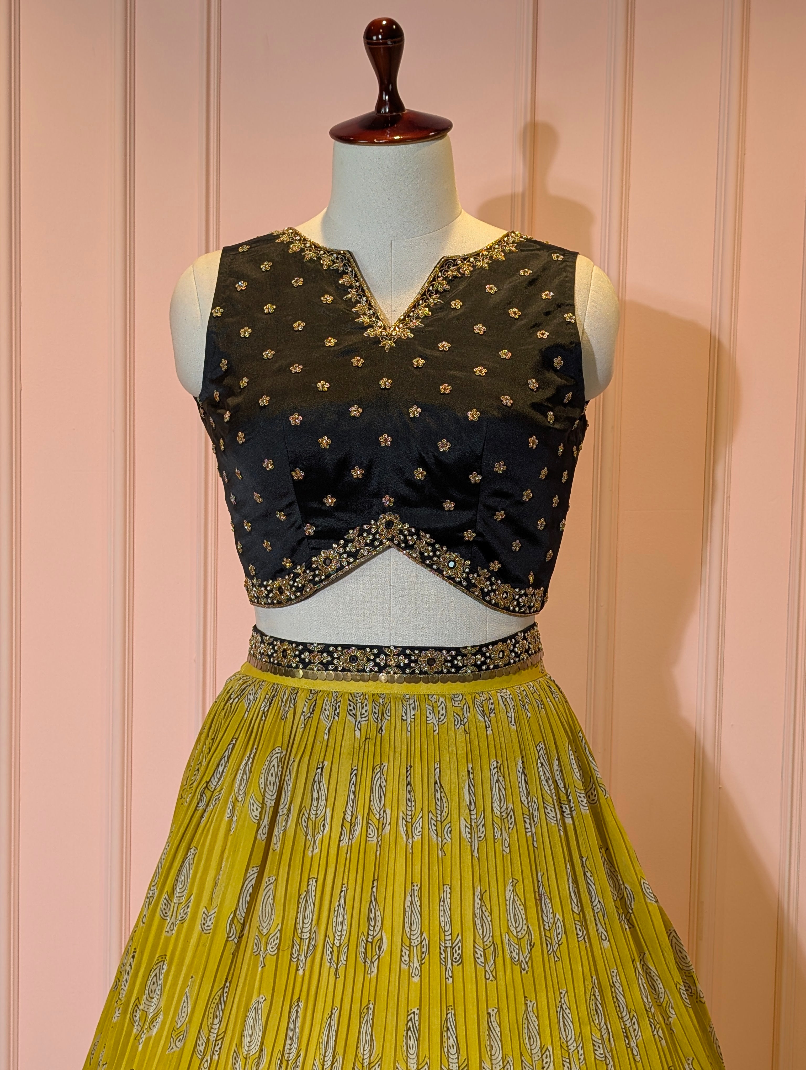 Yellow Printed Lehenga with Black Blouse