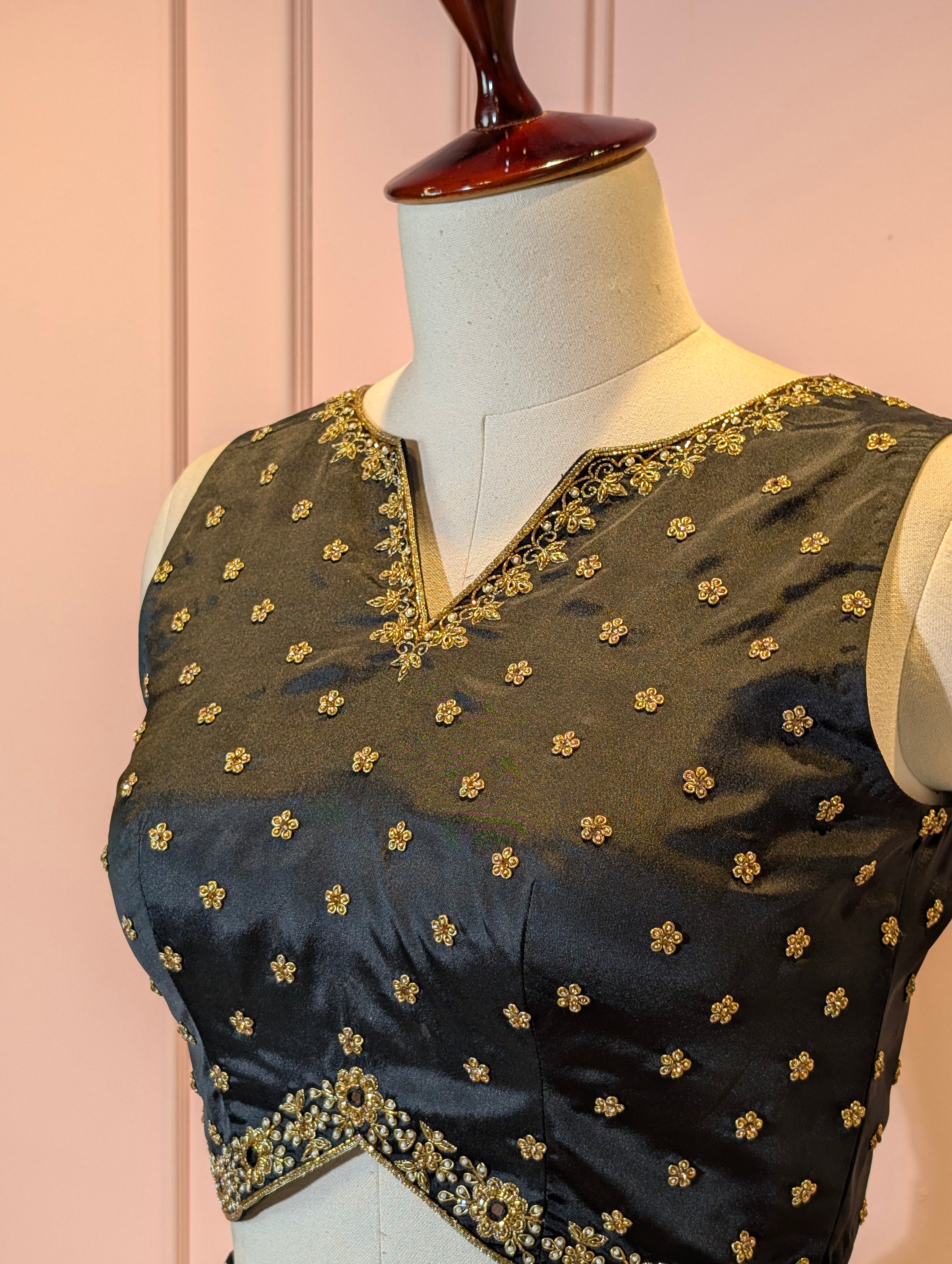 Yellow Printed Lehenga with Black Blouse