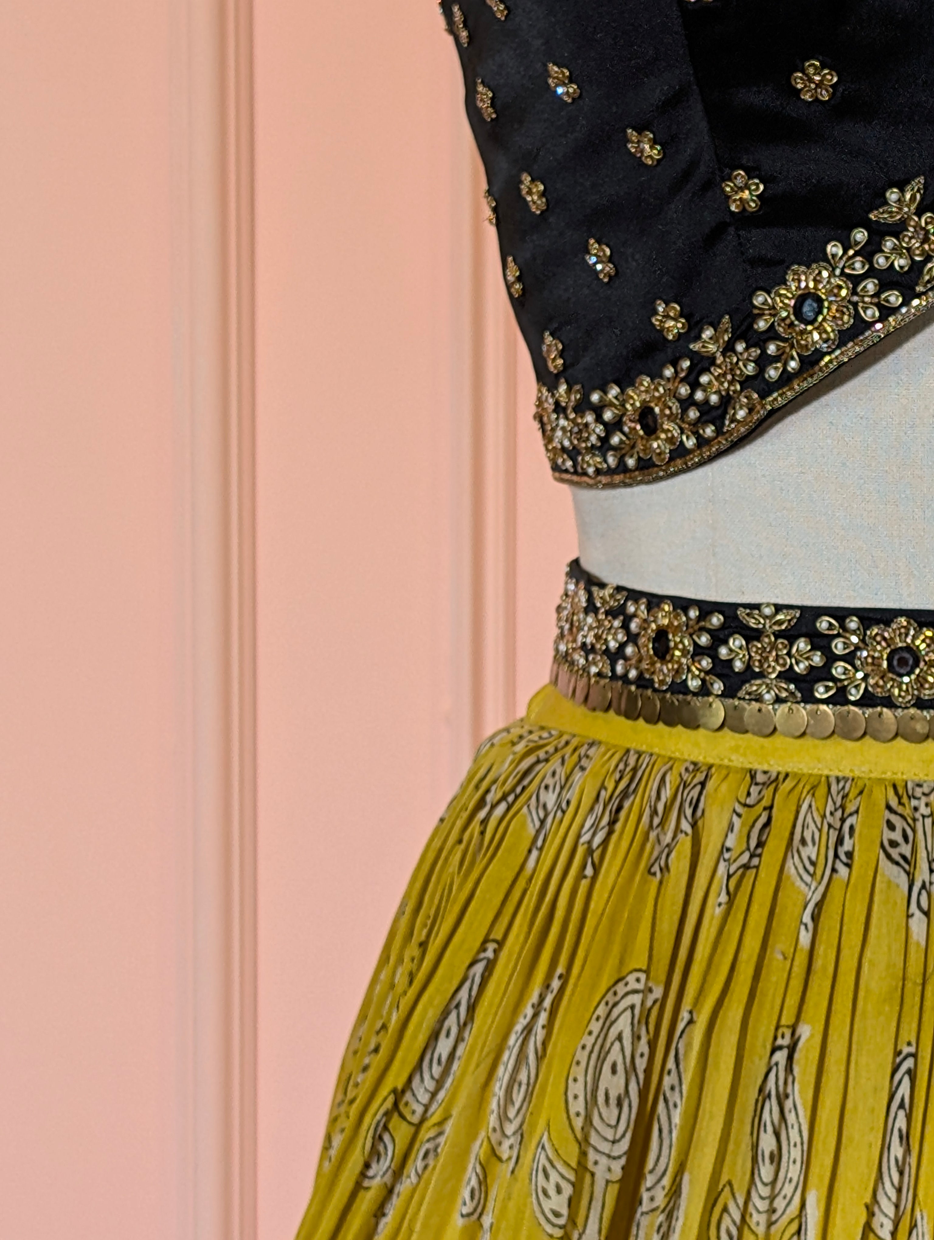 Yellow Printed Lehenga with Black Blouse