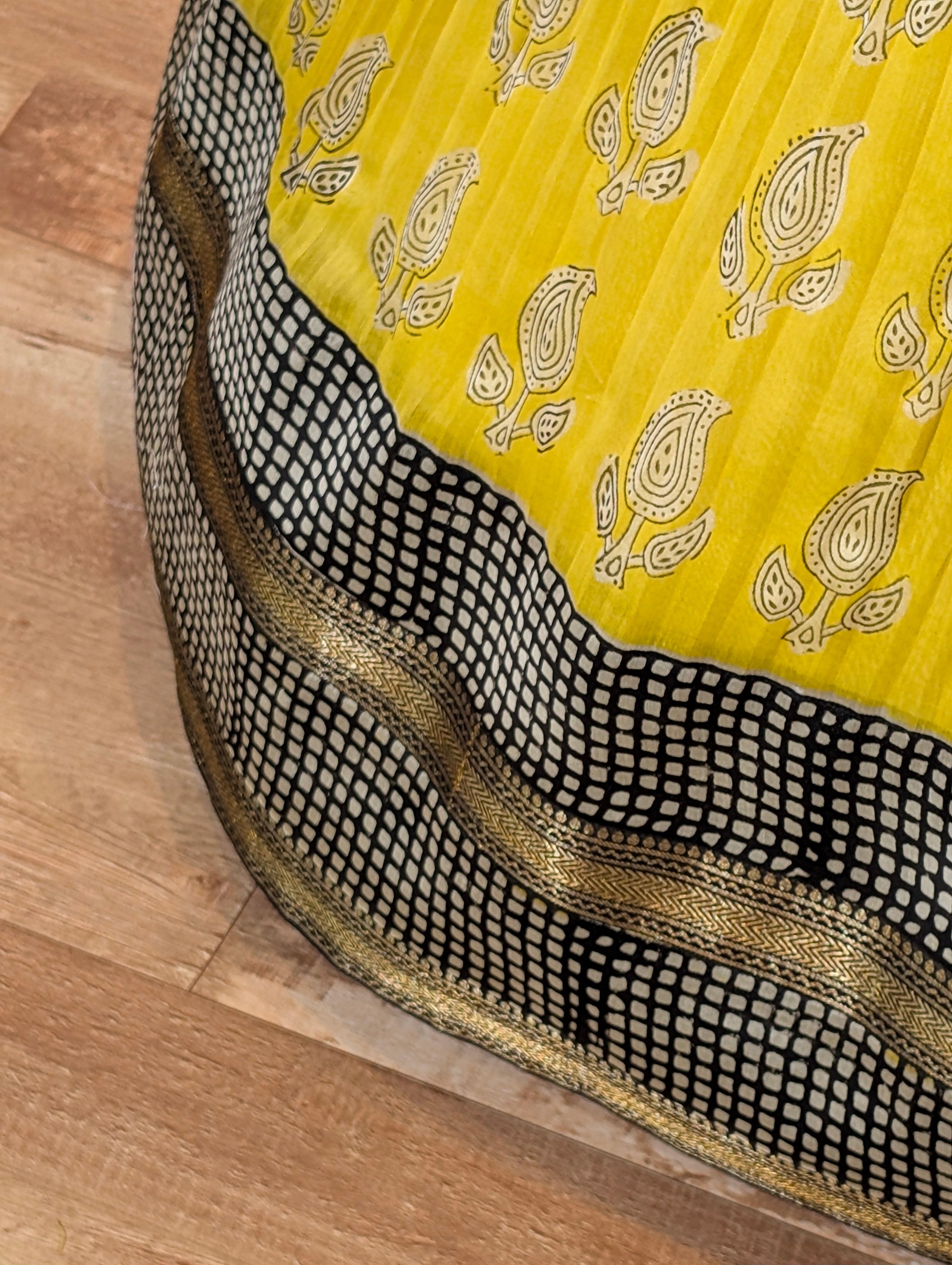 Yellow Printed Lehenga with Black Blouse