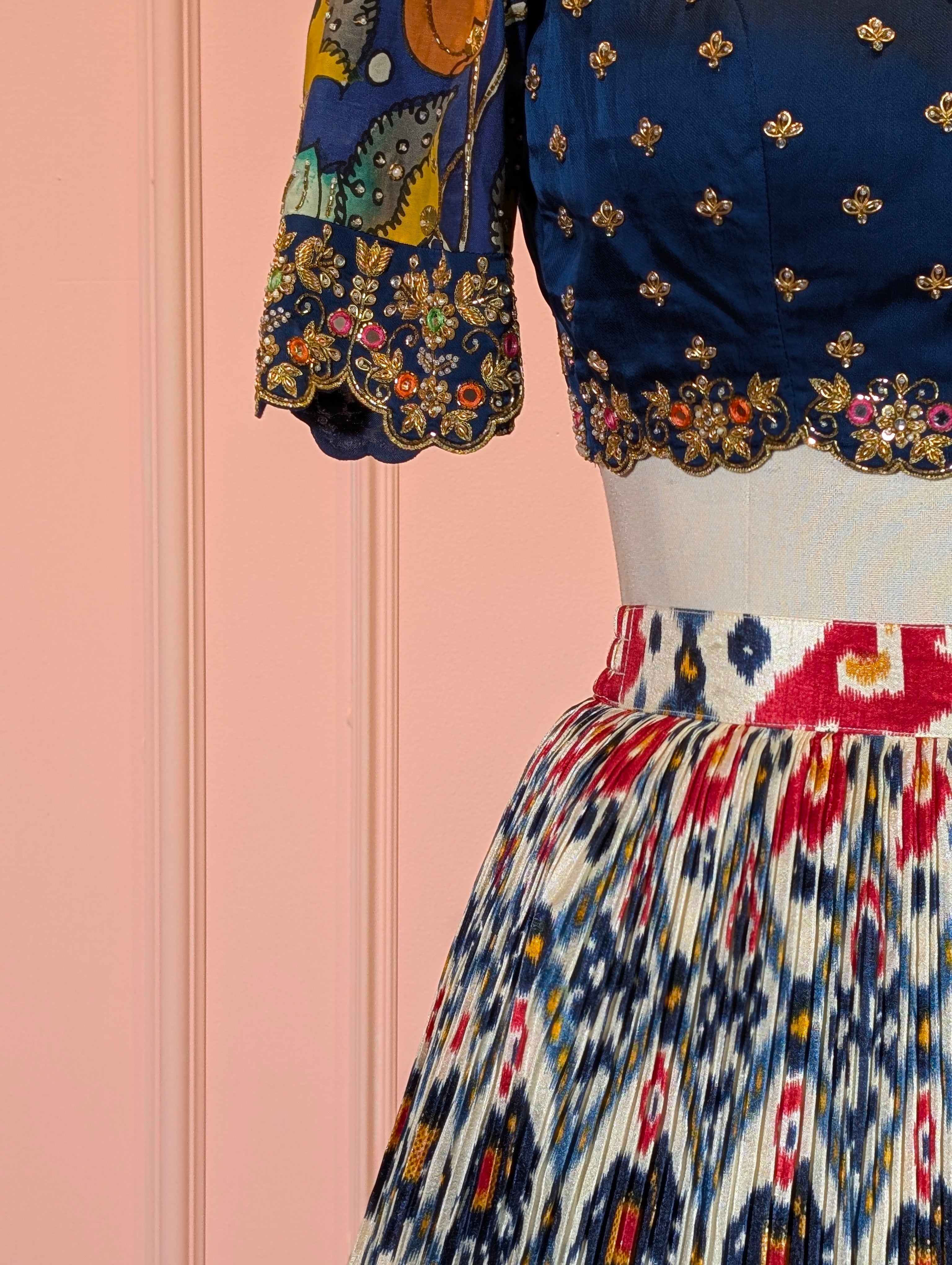 Navy Blue Ikat Print Lehenga with Pen Kalamkari Blouse
