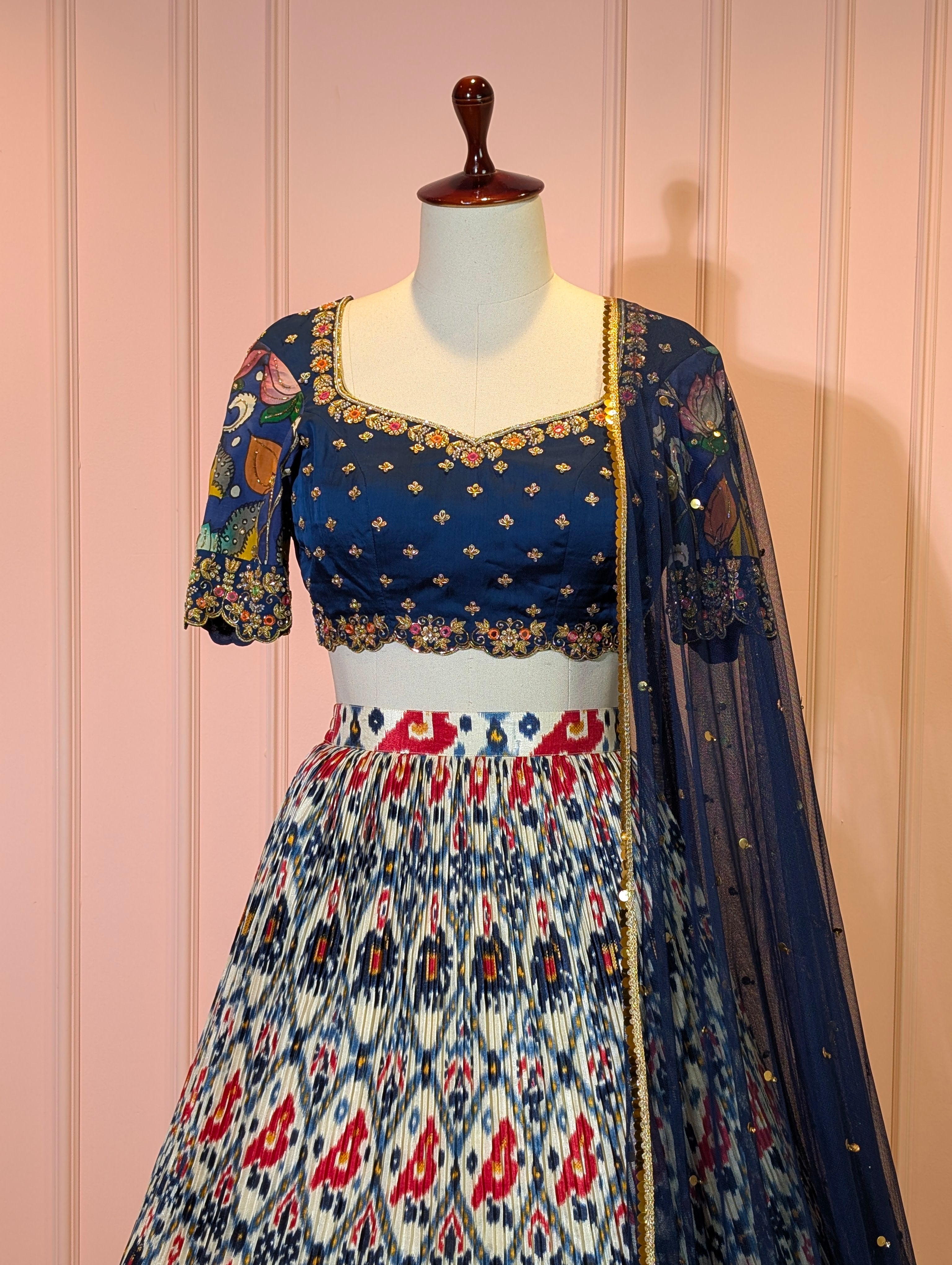 Navy Blue Ikat Print Lehenga with Pen Kalamkari Blouse