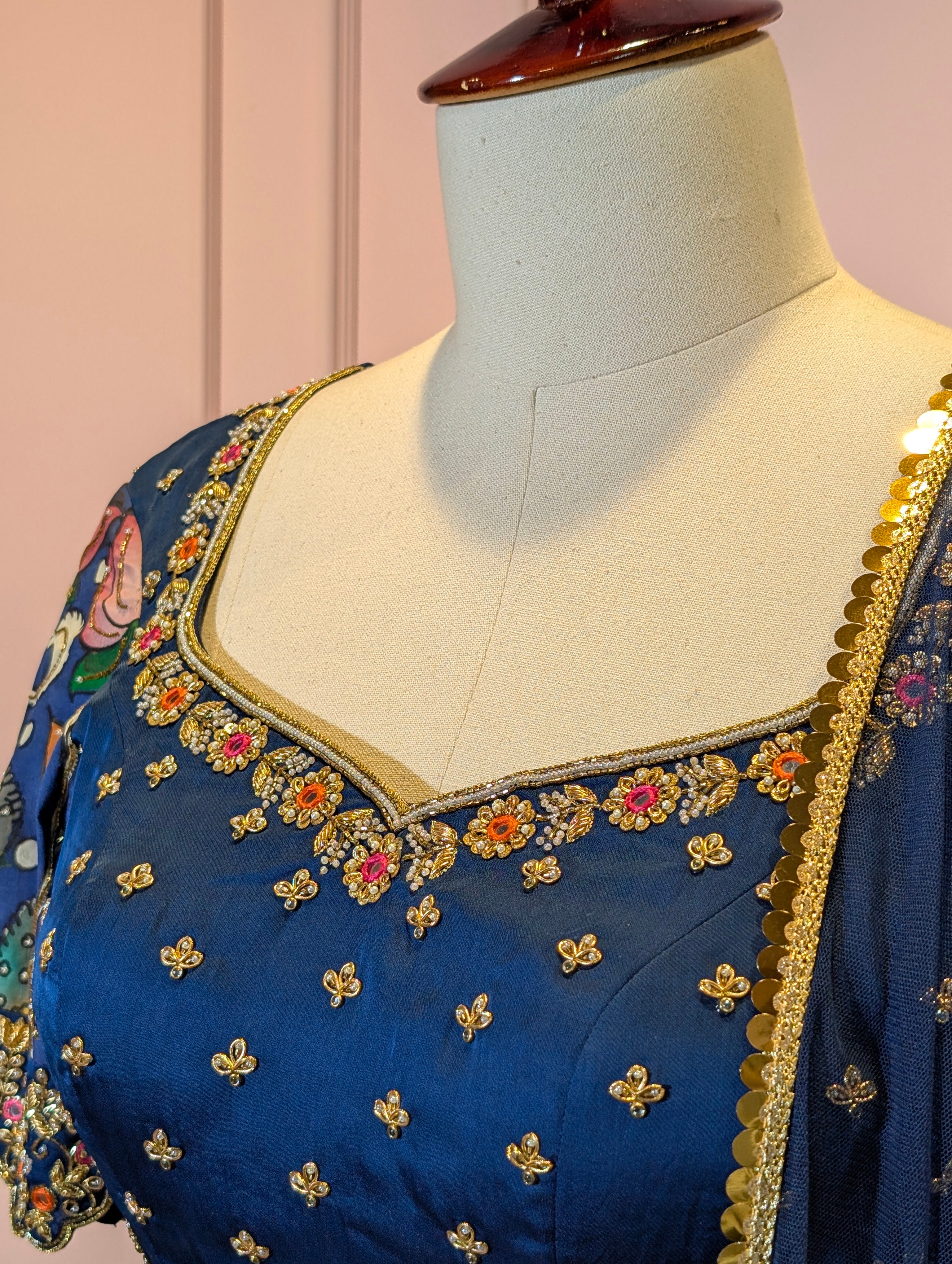 Navy Blue Ikat Print Lehenga with Pen Kalamkari Blouse