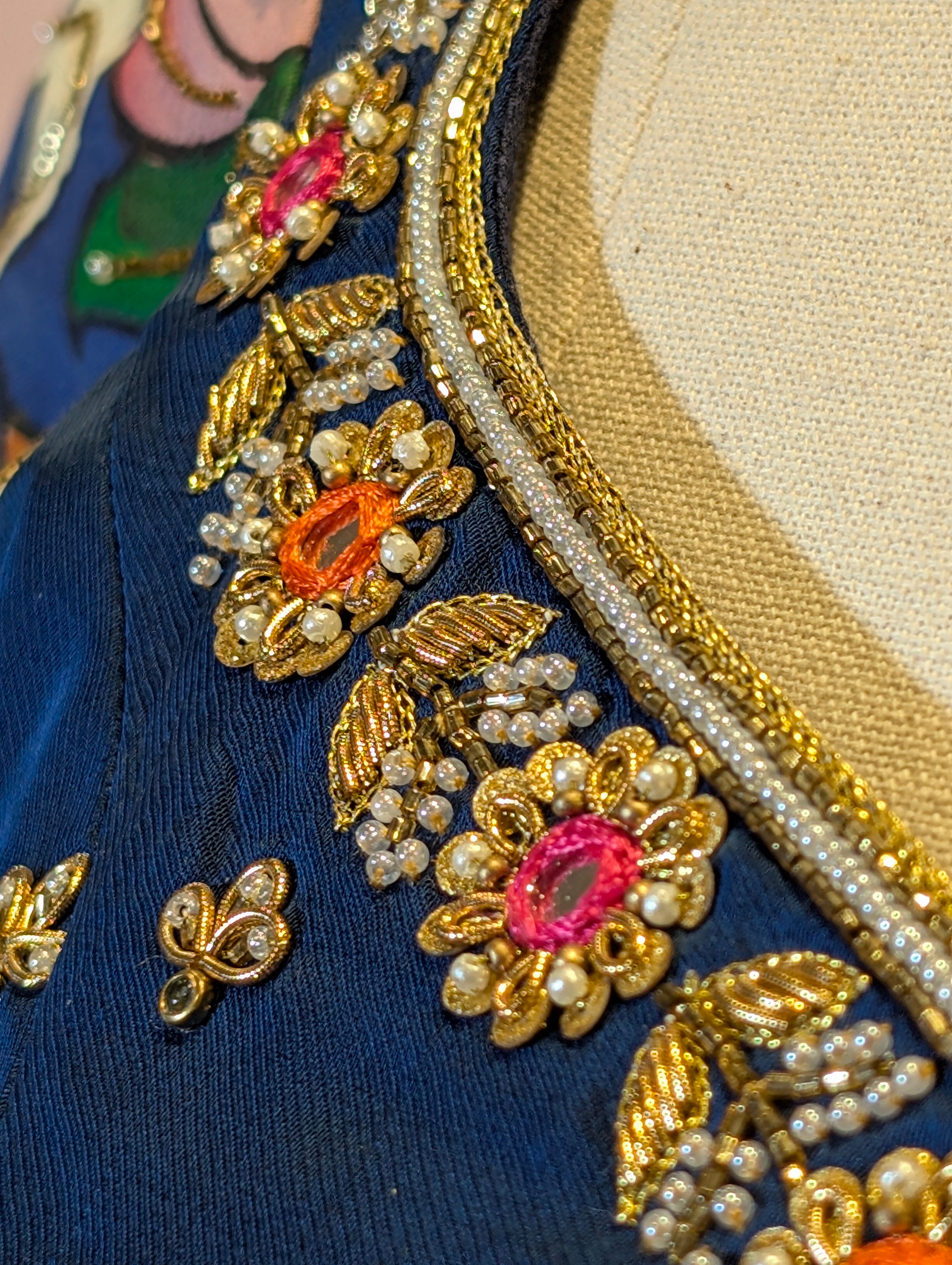 Navy Blue Ikat Print Lehenga with Pen Kalamkari Blouse