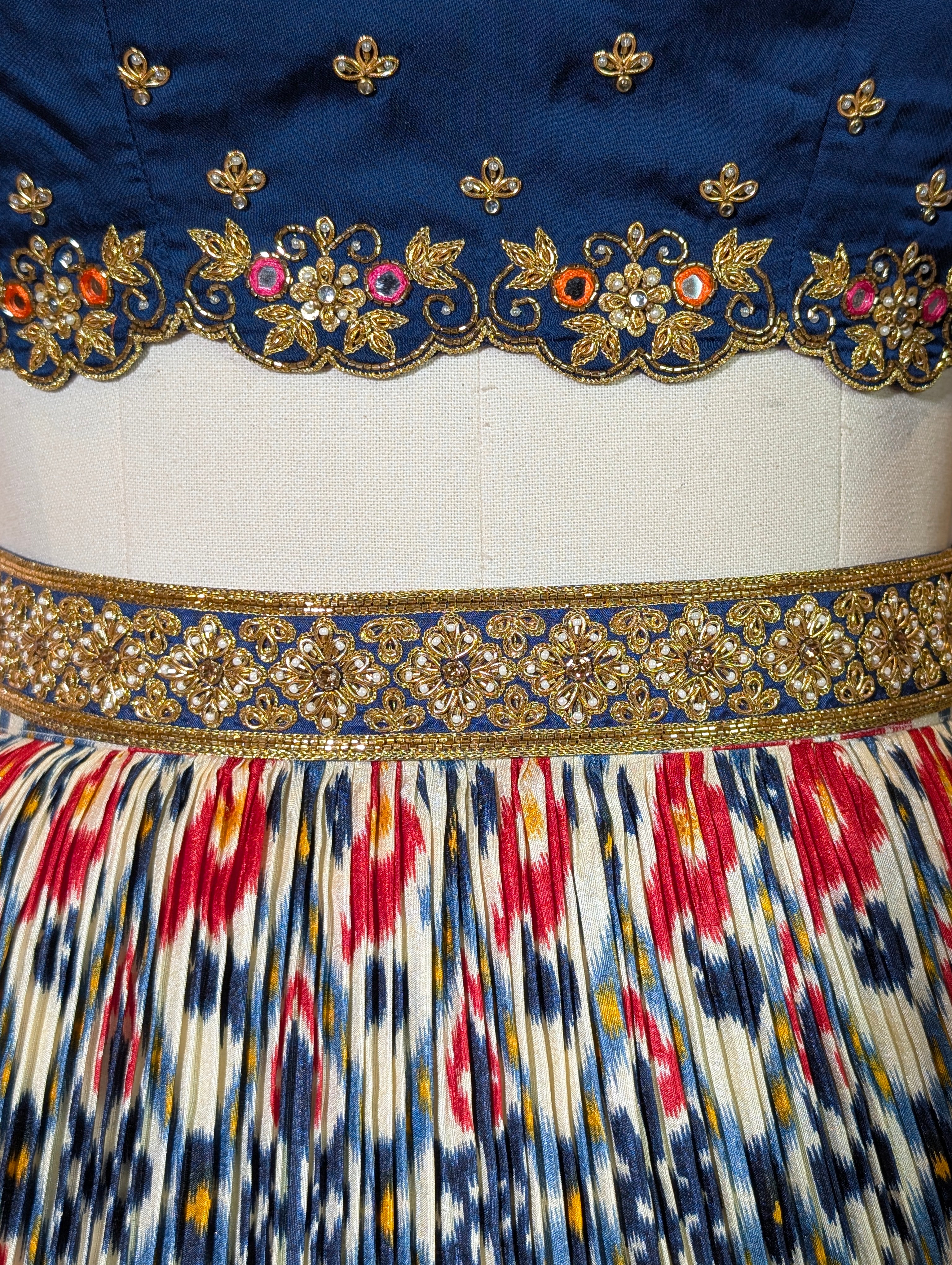 Navy Blue Ikat Print Lehenga with Pen Kalamkari Blouse