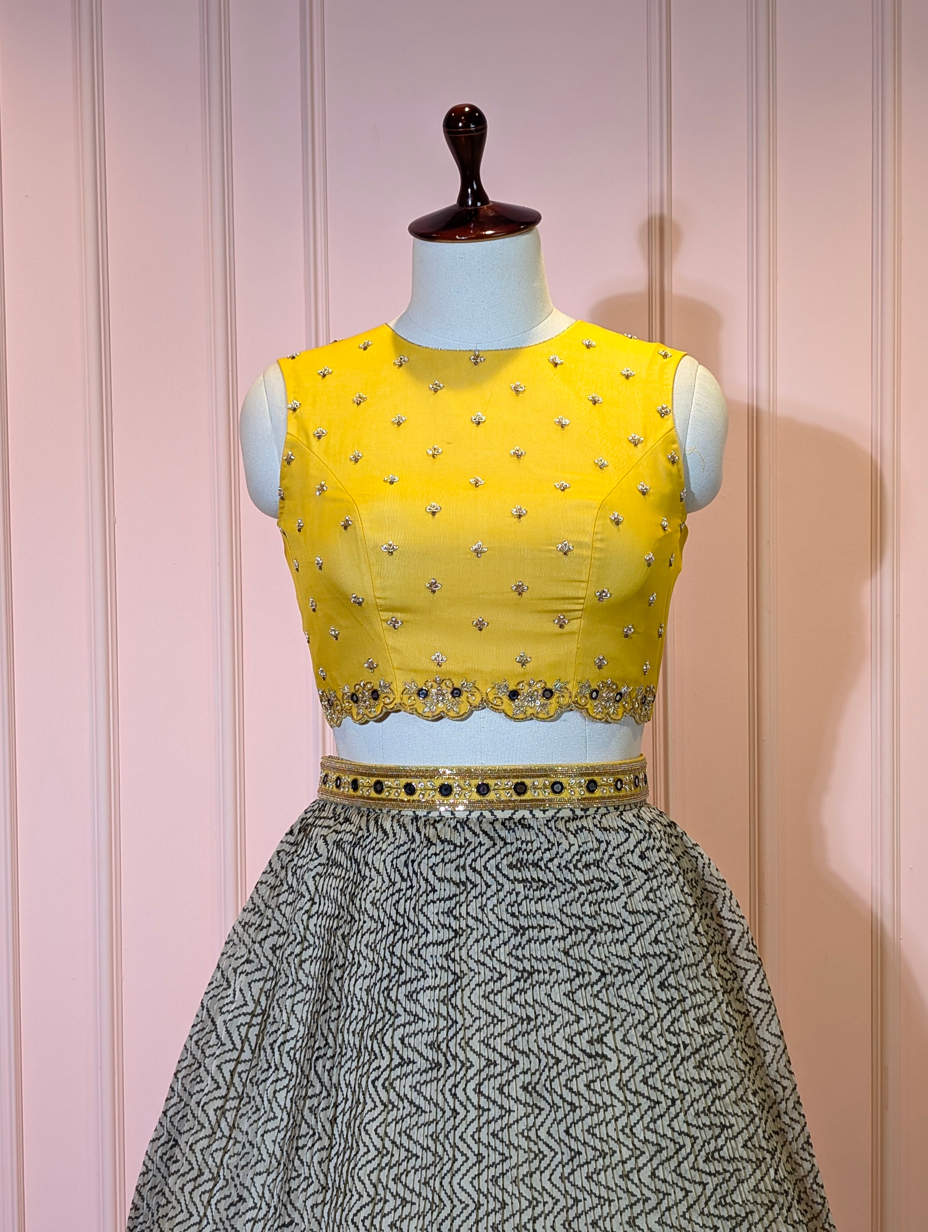 Yellow Embellished Crop Top with Printed Skirt