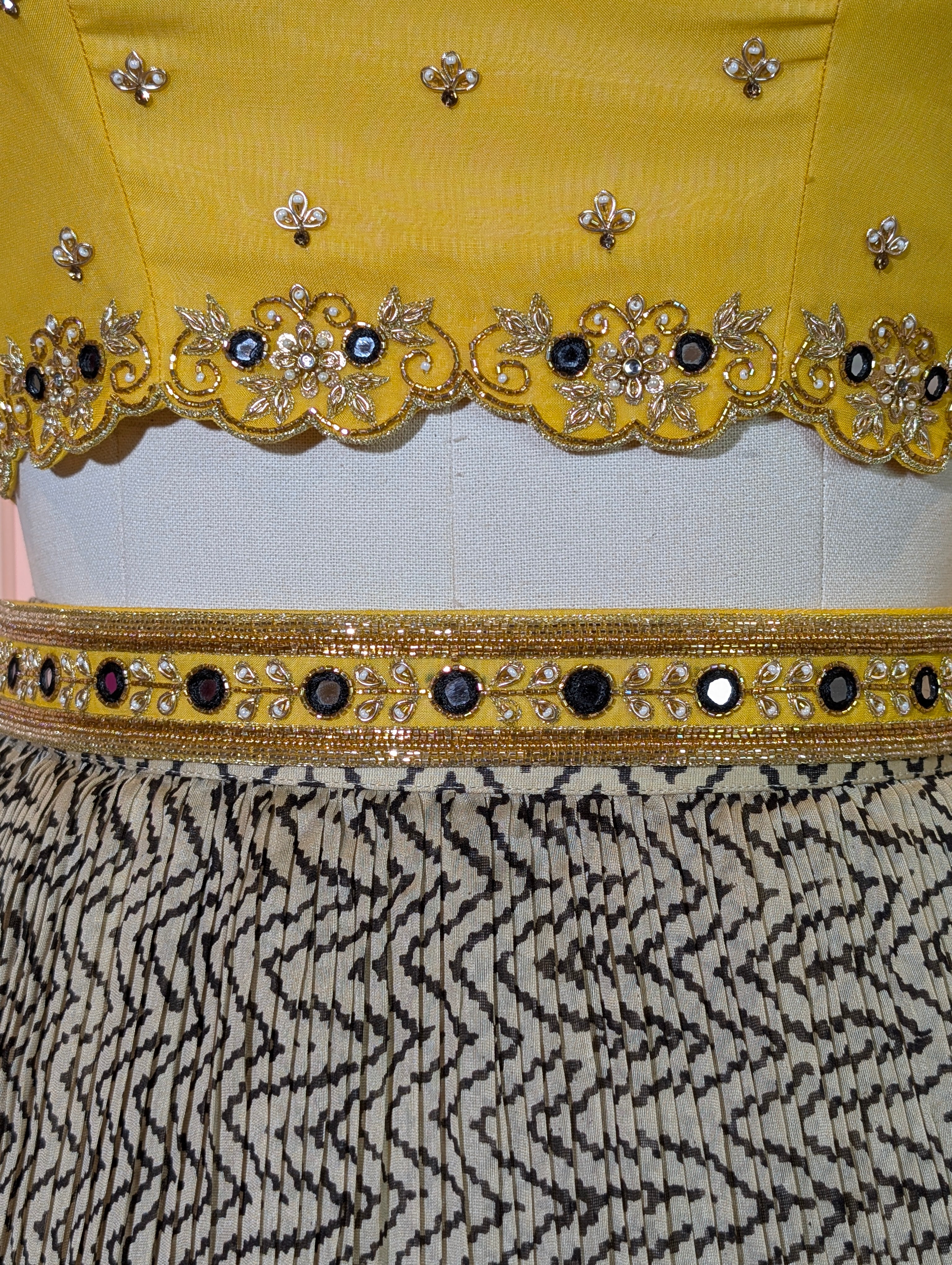 Yellow Embellished Crop Top with Printed Skirt