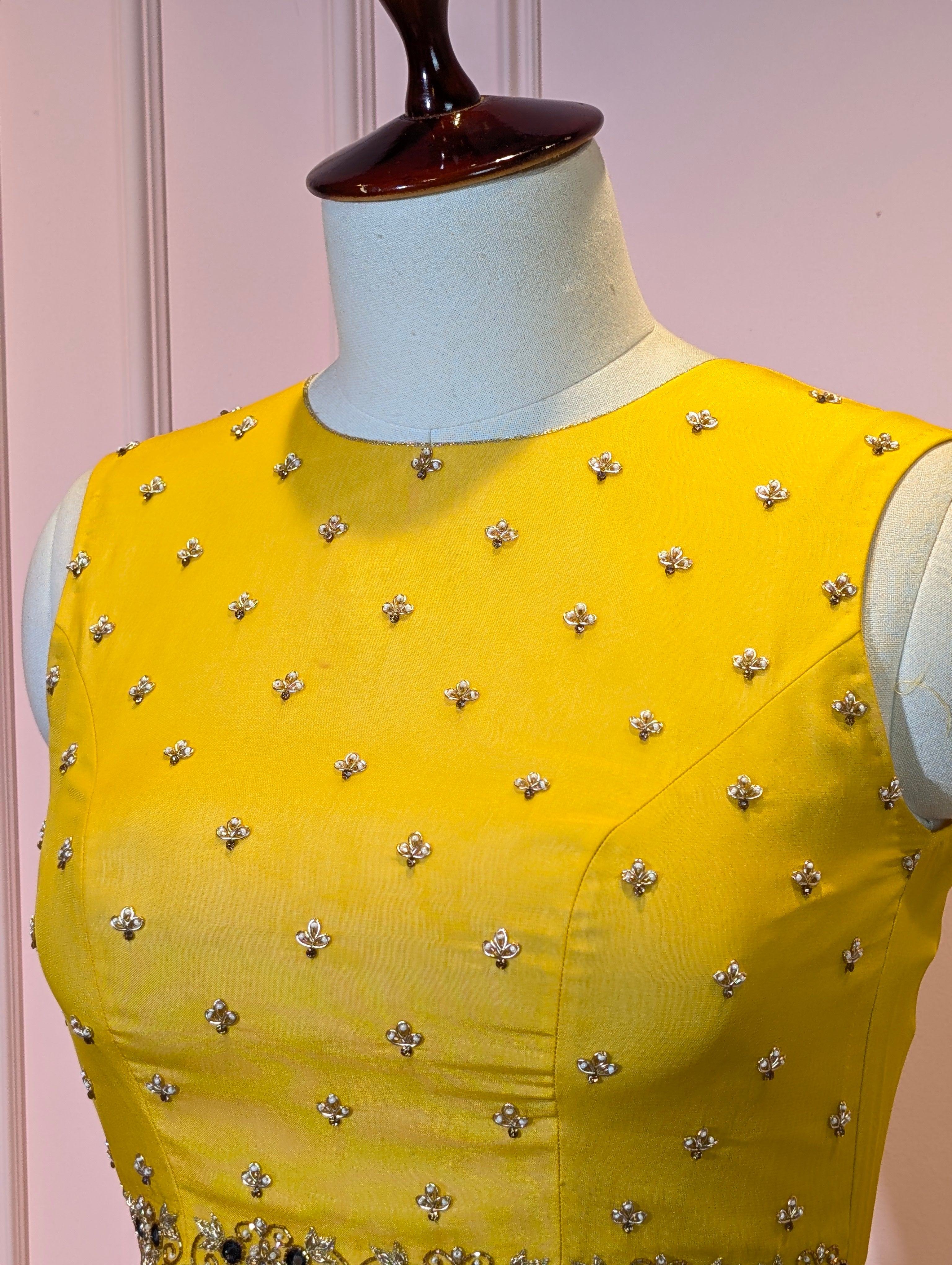 Yellow Embellished Crop Top with Printed Skirt