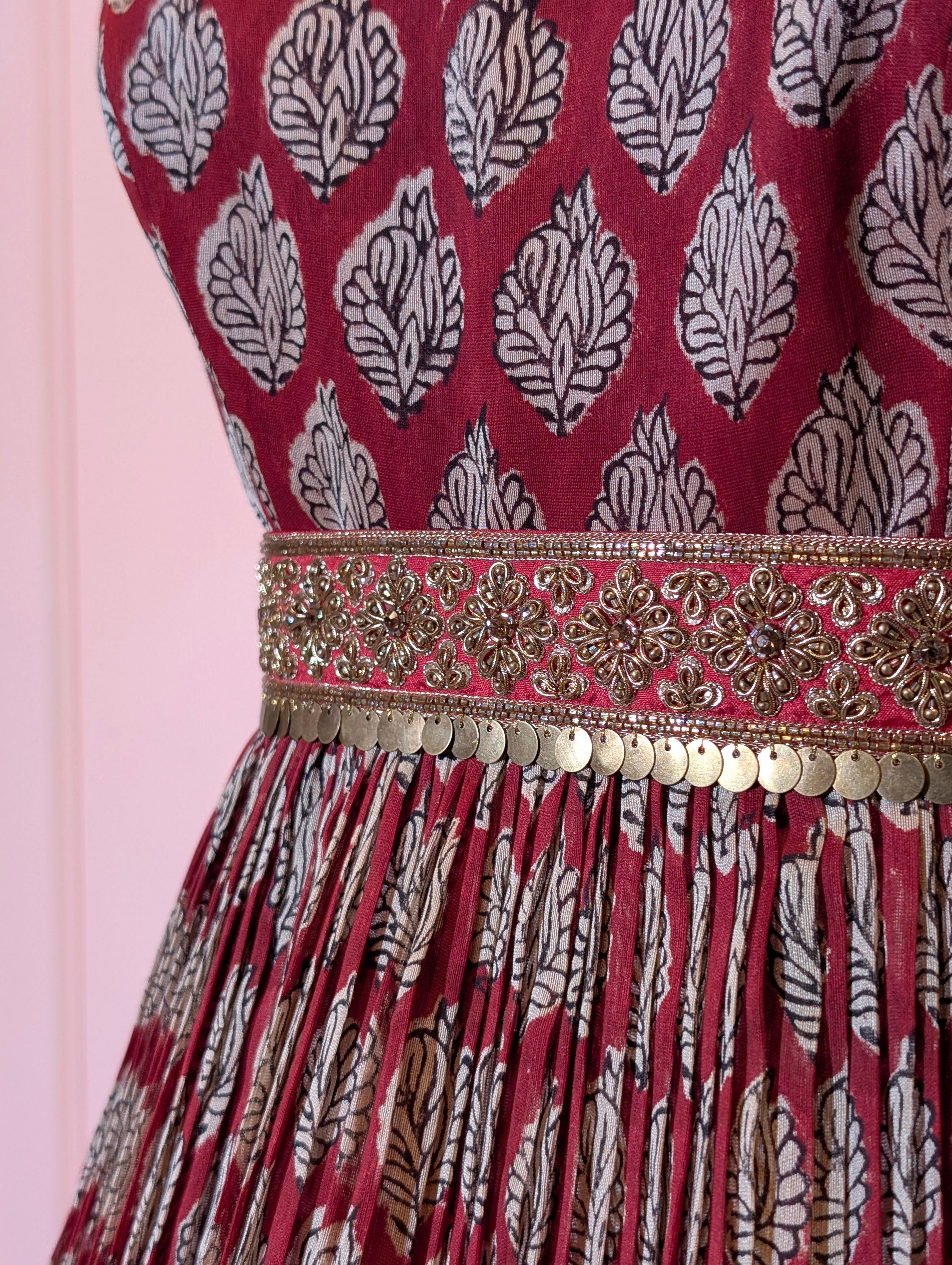 Maroon Gold Block Print Anarkali Gown