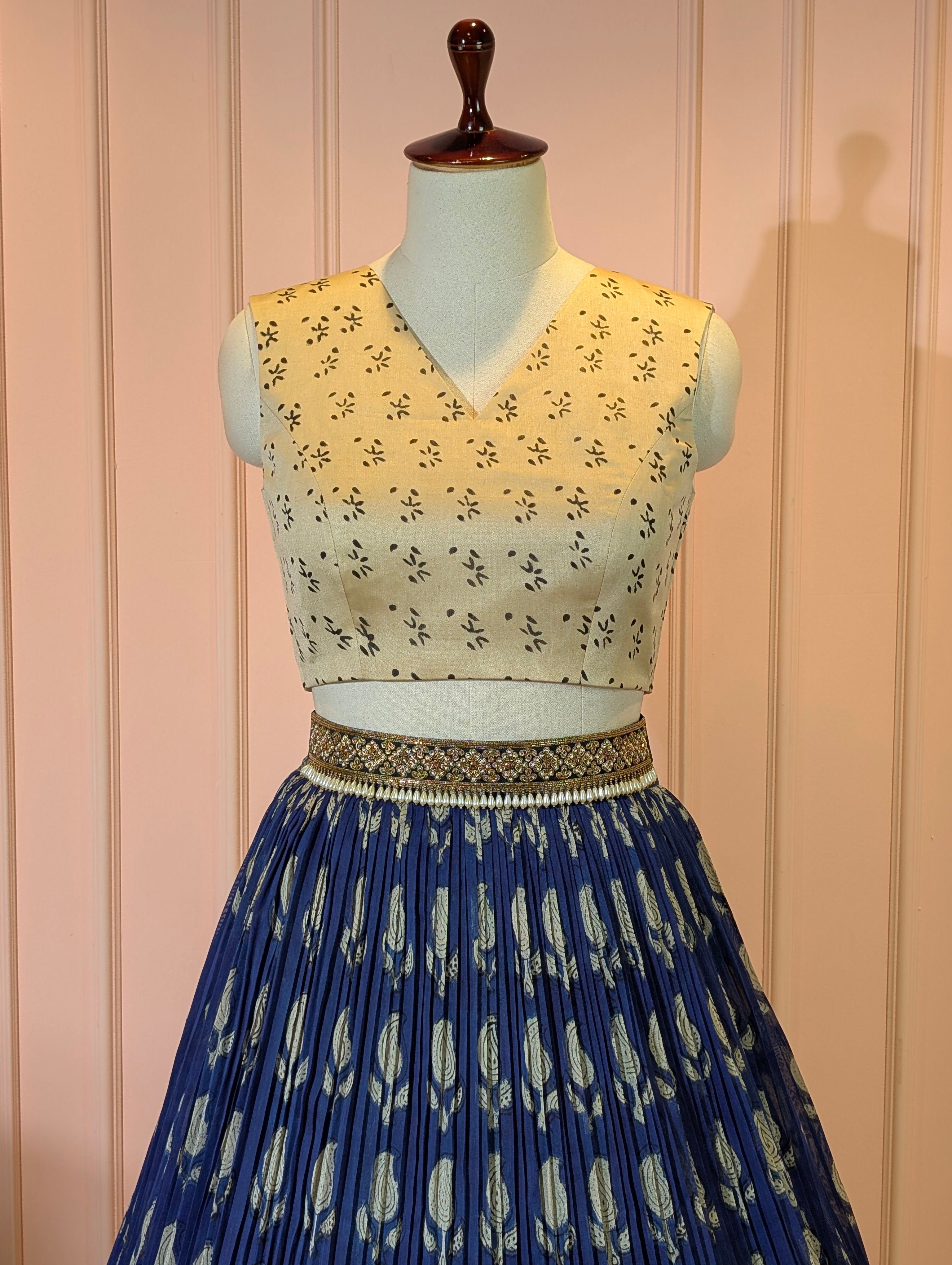Hand Block Printed Indigo Crop Top Skirt