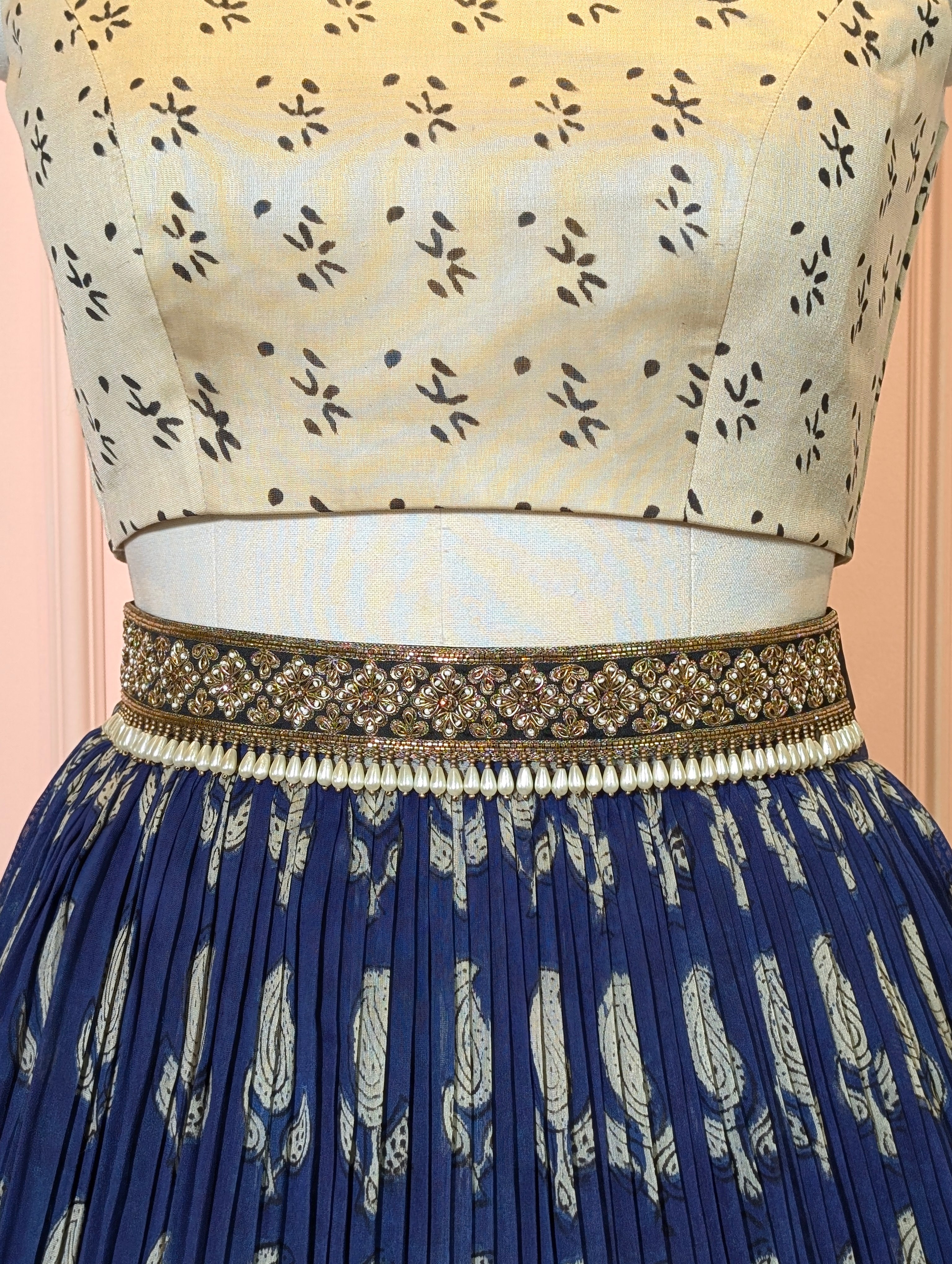 Hand Block Printed Indigo Crop Top Skirt