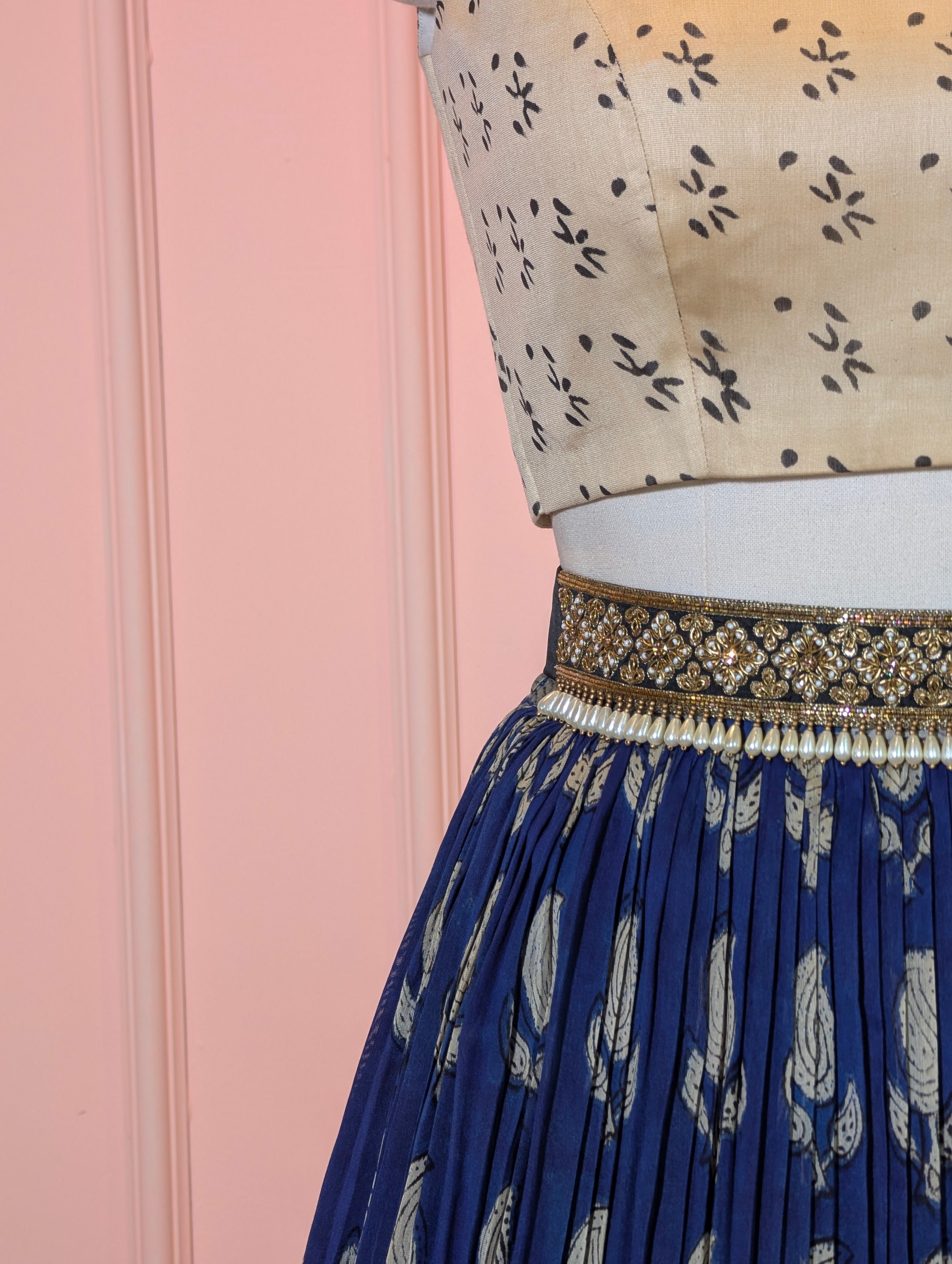 Hand Block Printed Indigo Crop Top Skirt