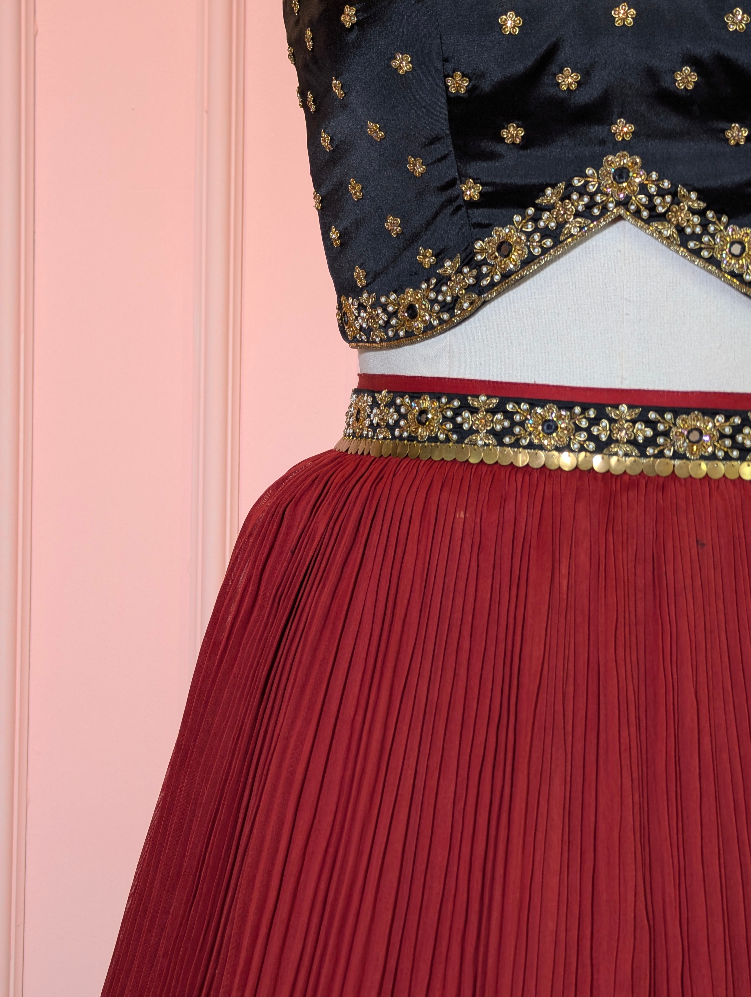 Midnight Black & Maroon Crop top Skirt