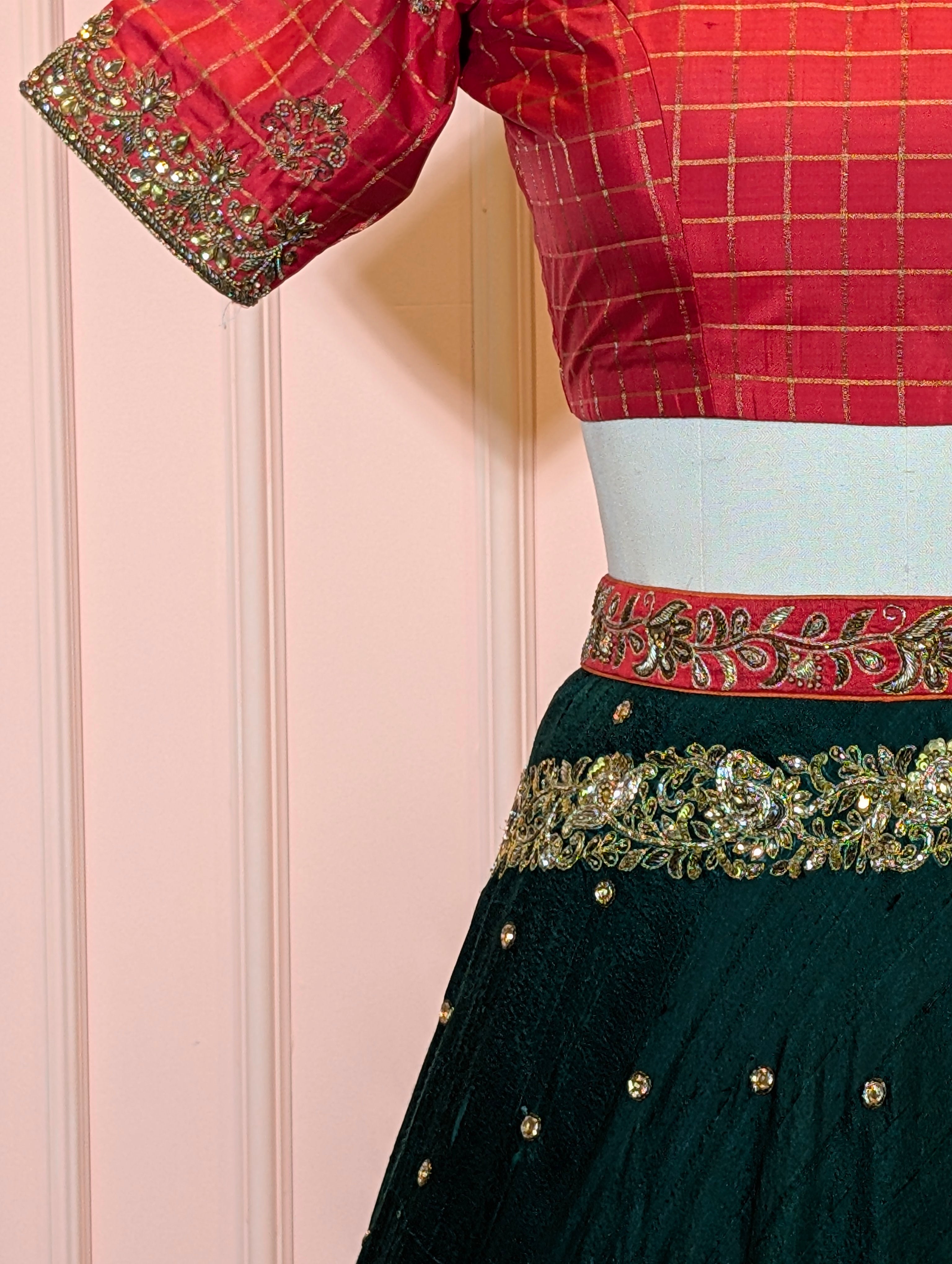 Emerald Green & Red Heavy Embroidered Lehanga Set