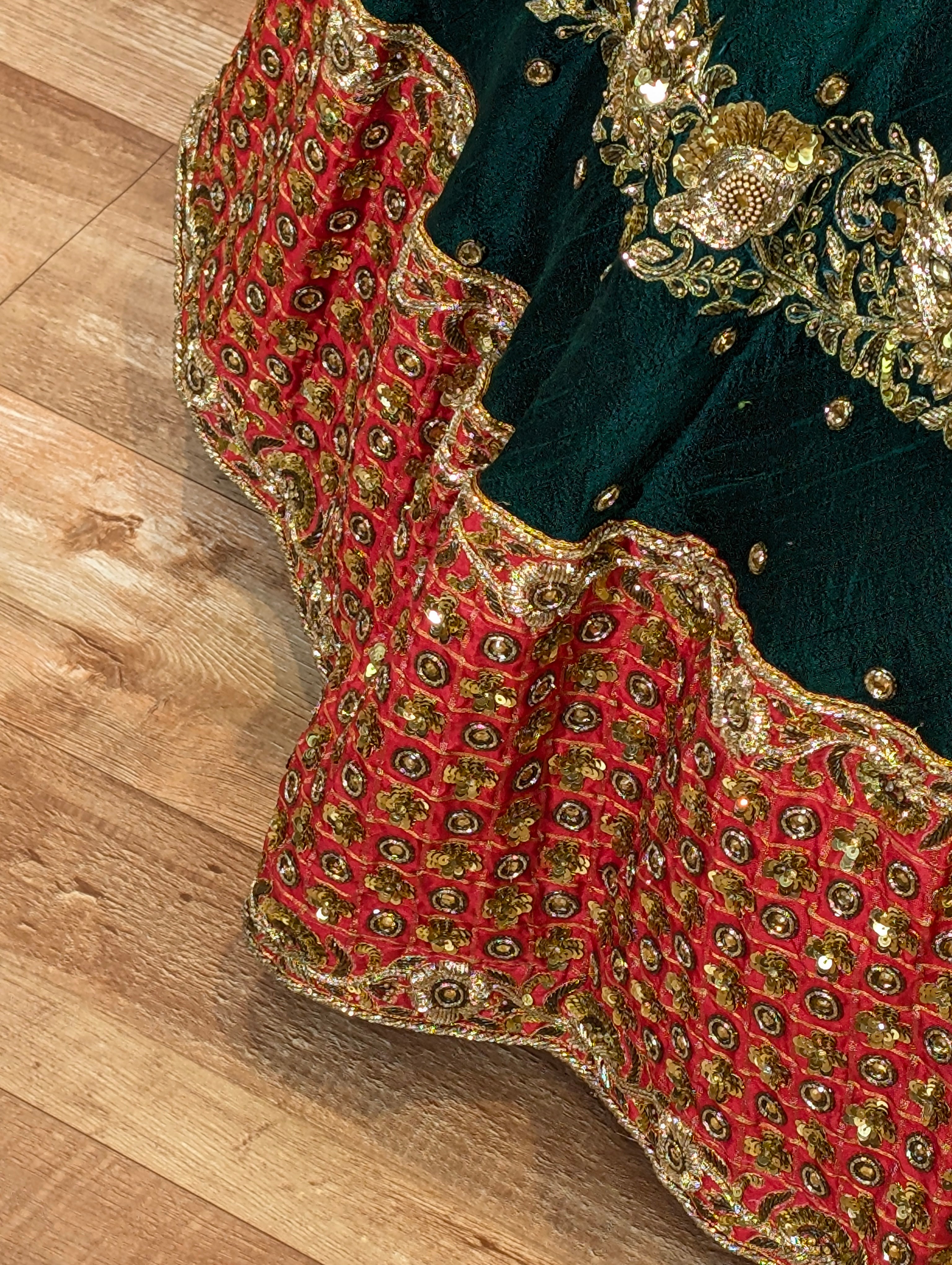 Emerald Green & Red Heavy Embroidered Lehanga Set