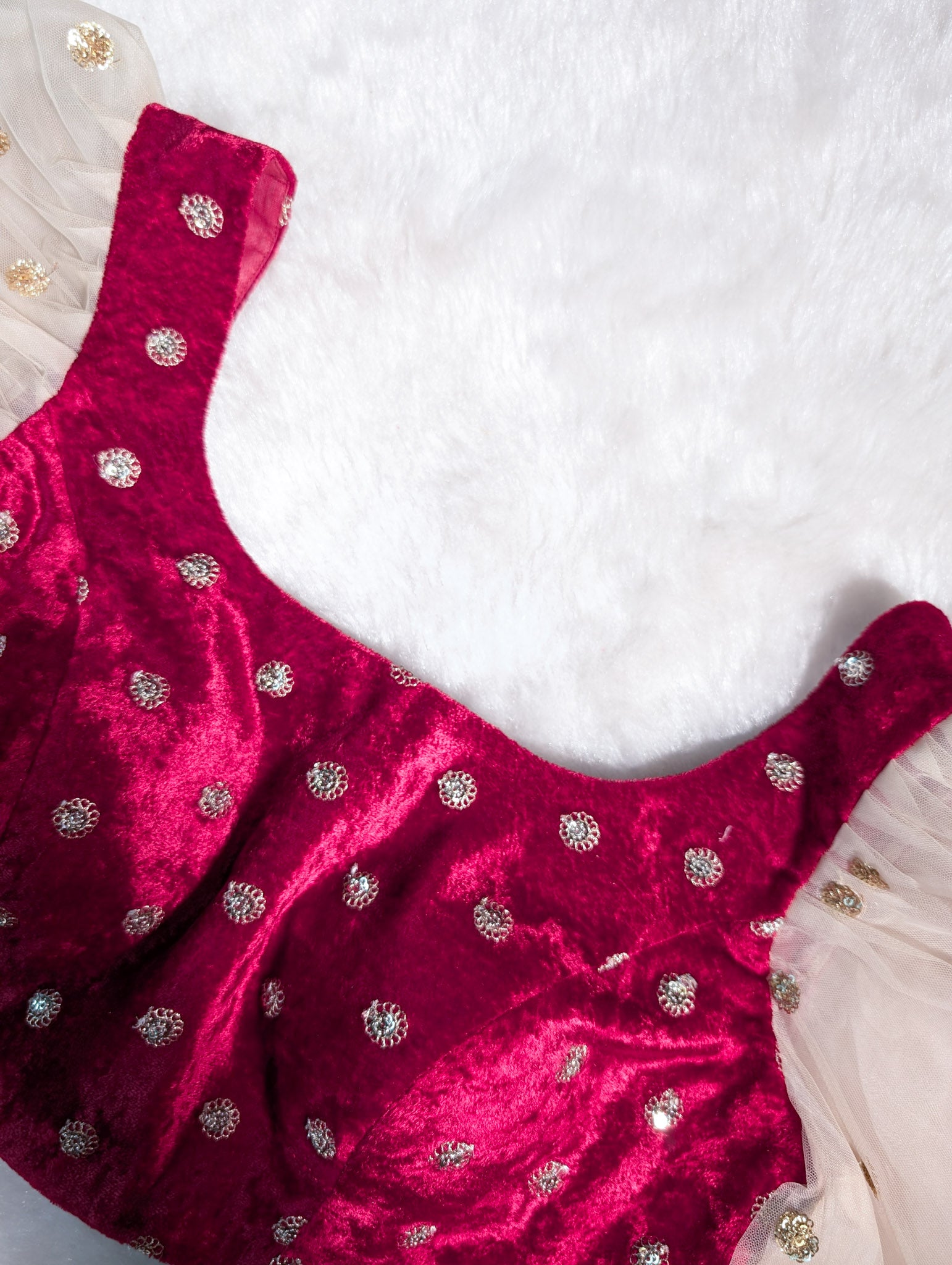 Wine Velvet Blouse with Net Puff Sleeves