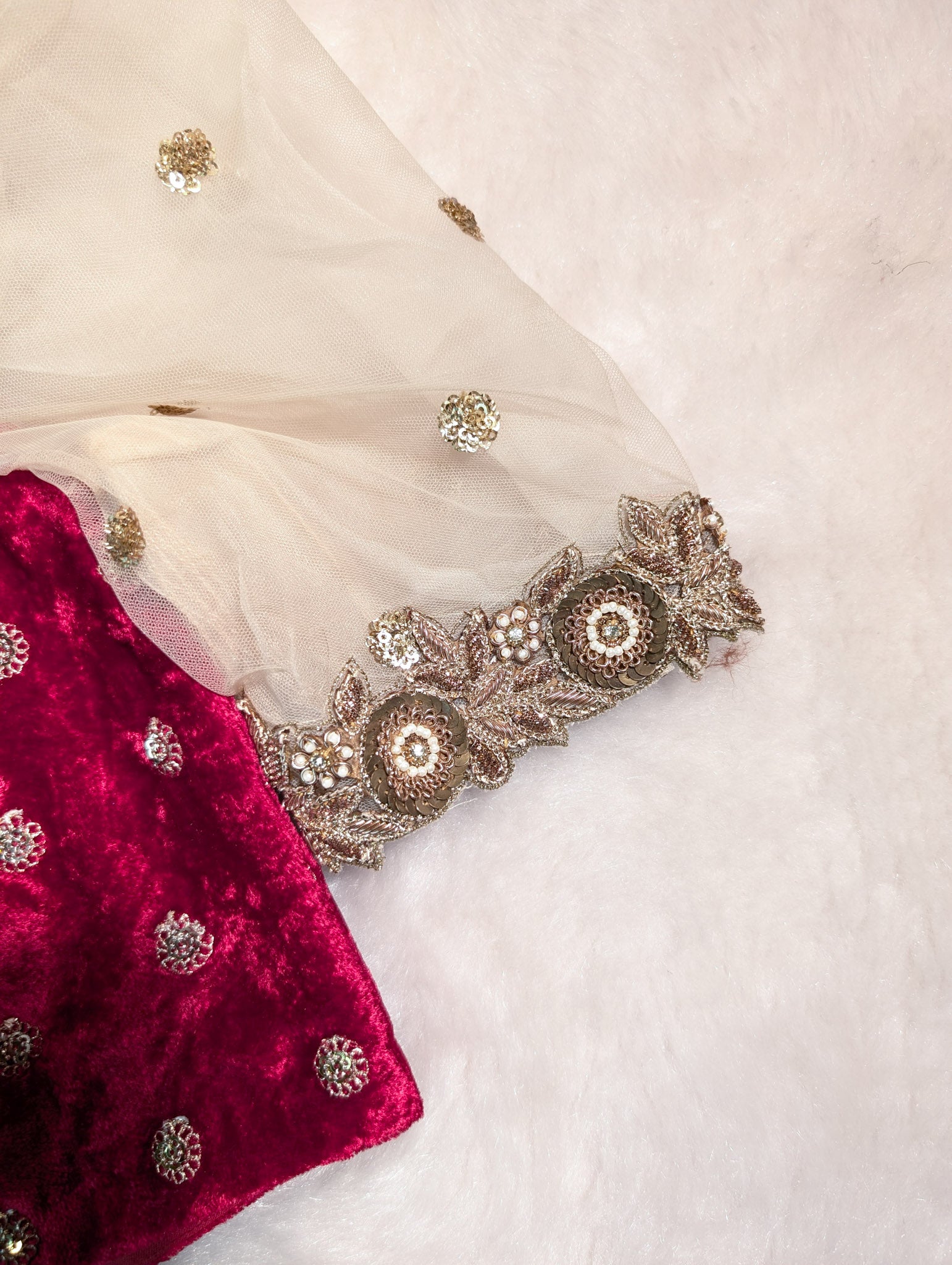 Wine Velvet Blouse with Net Puff Sleeves