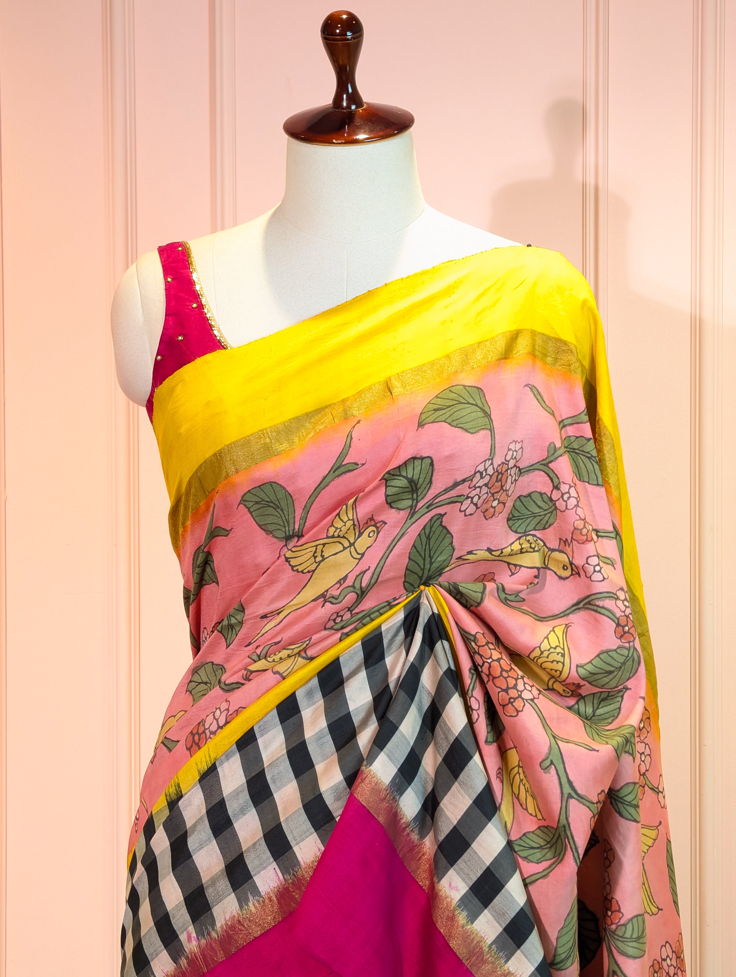 Pure Handloom Ikkat X Pen Kalamkari - Pink & Yellow Checkered Saree
