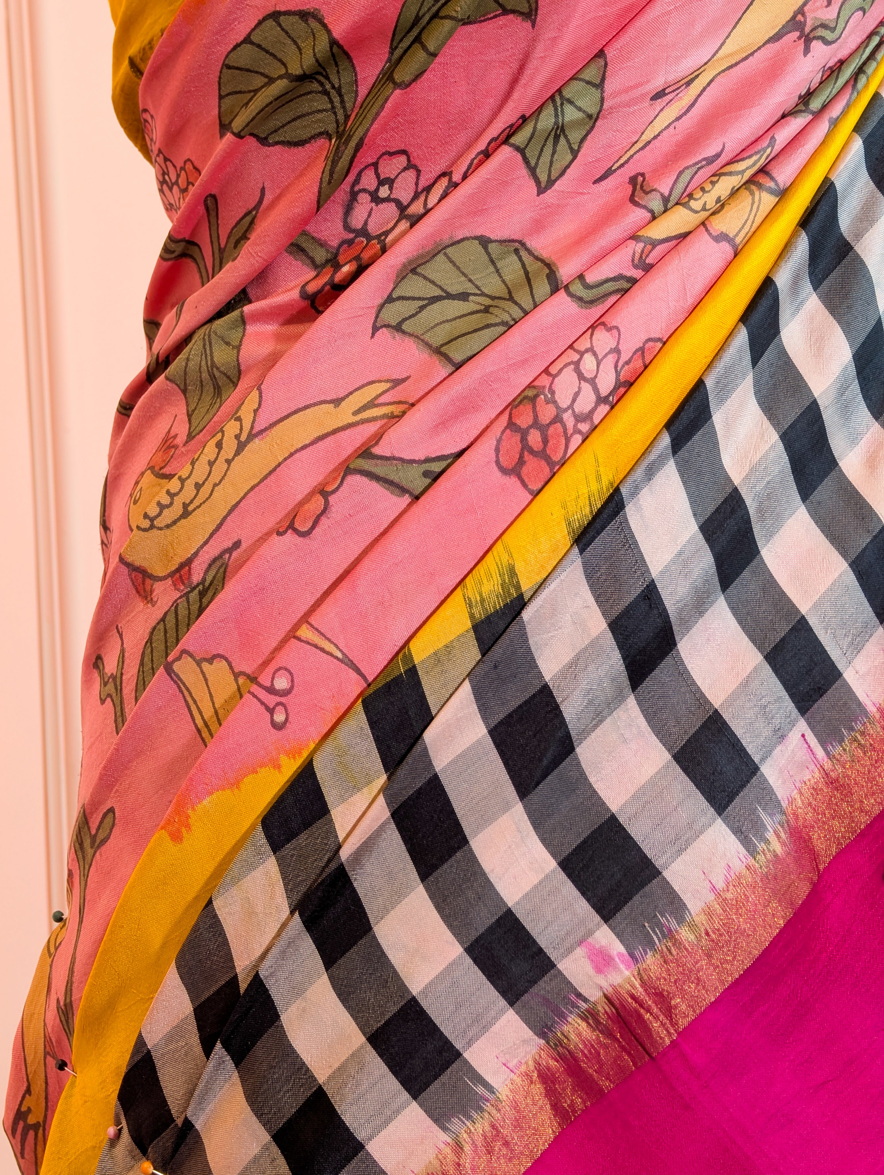 Pure Handloom Ikkat X Pen Kalamkari - Pink & Yellow Checkered Saree