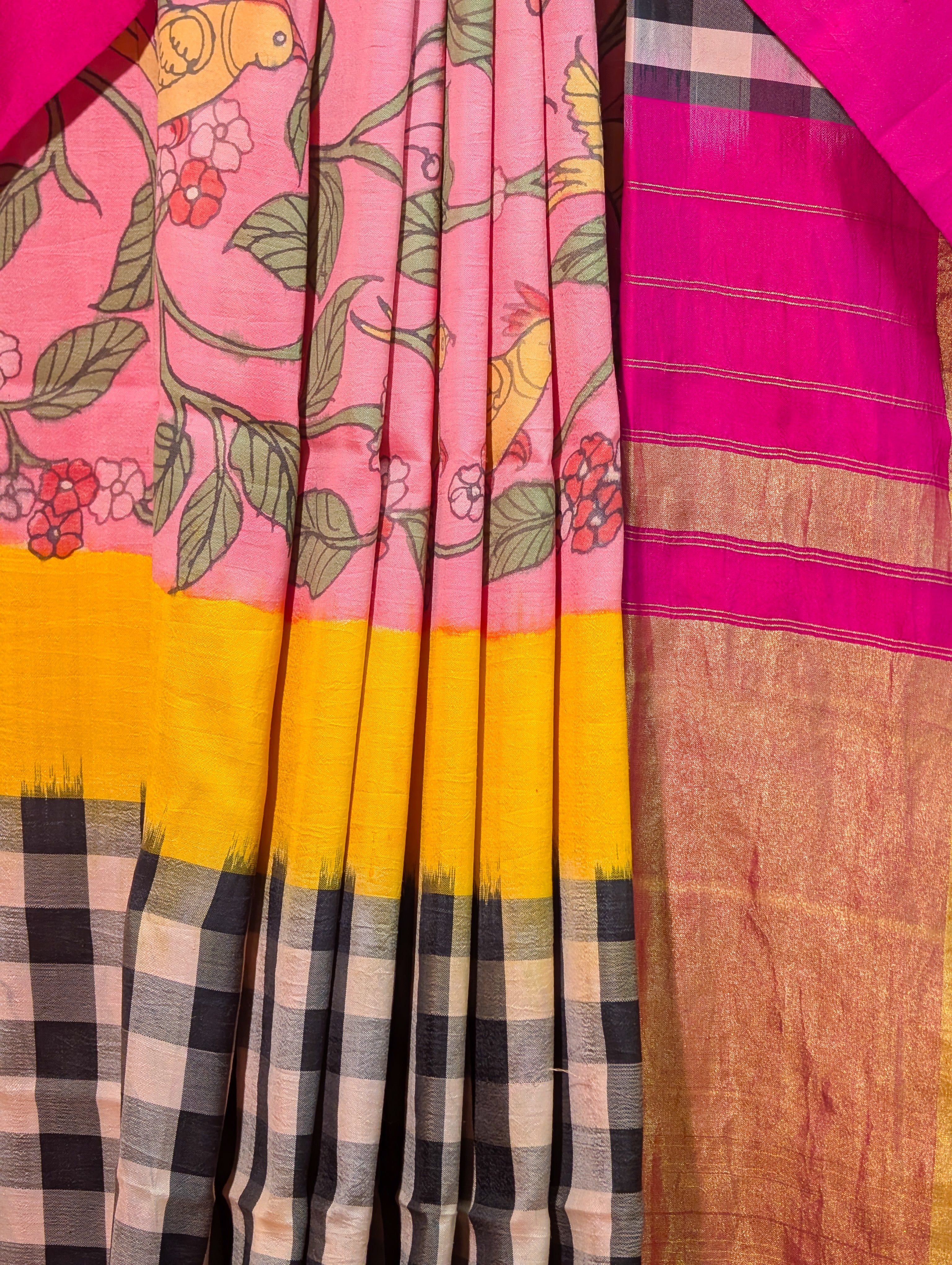 Pure Handloom Ikkat X Pen Kalamkari - Pink & Yellow Checkered Saree
