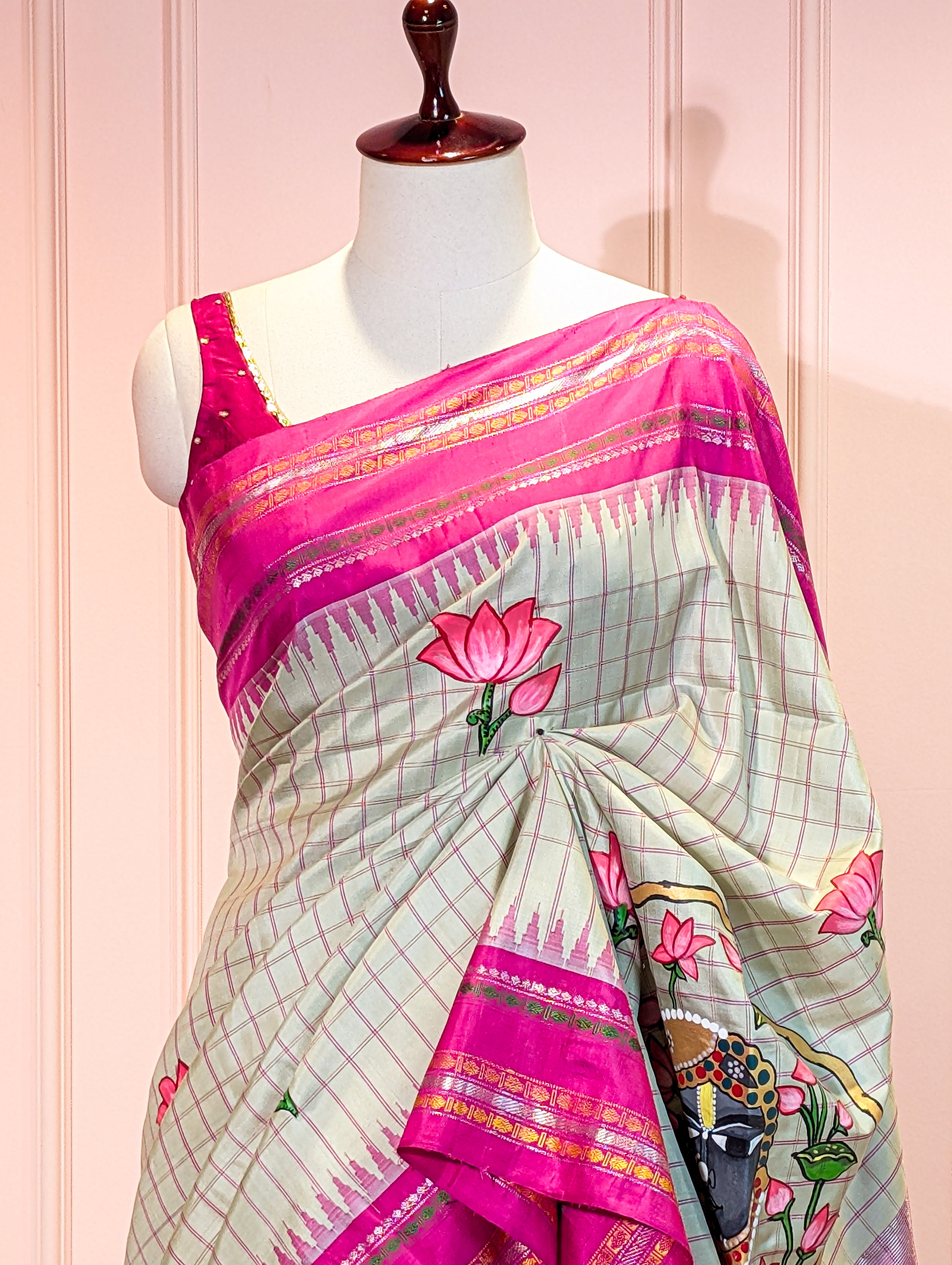 Pure Handloom Gadwal X Hand Painting - Soft Pink & Beige