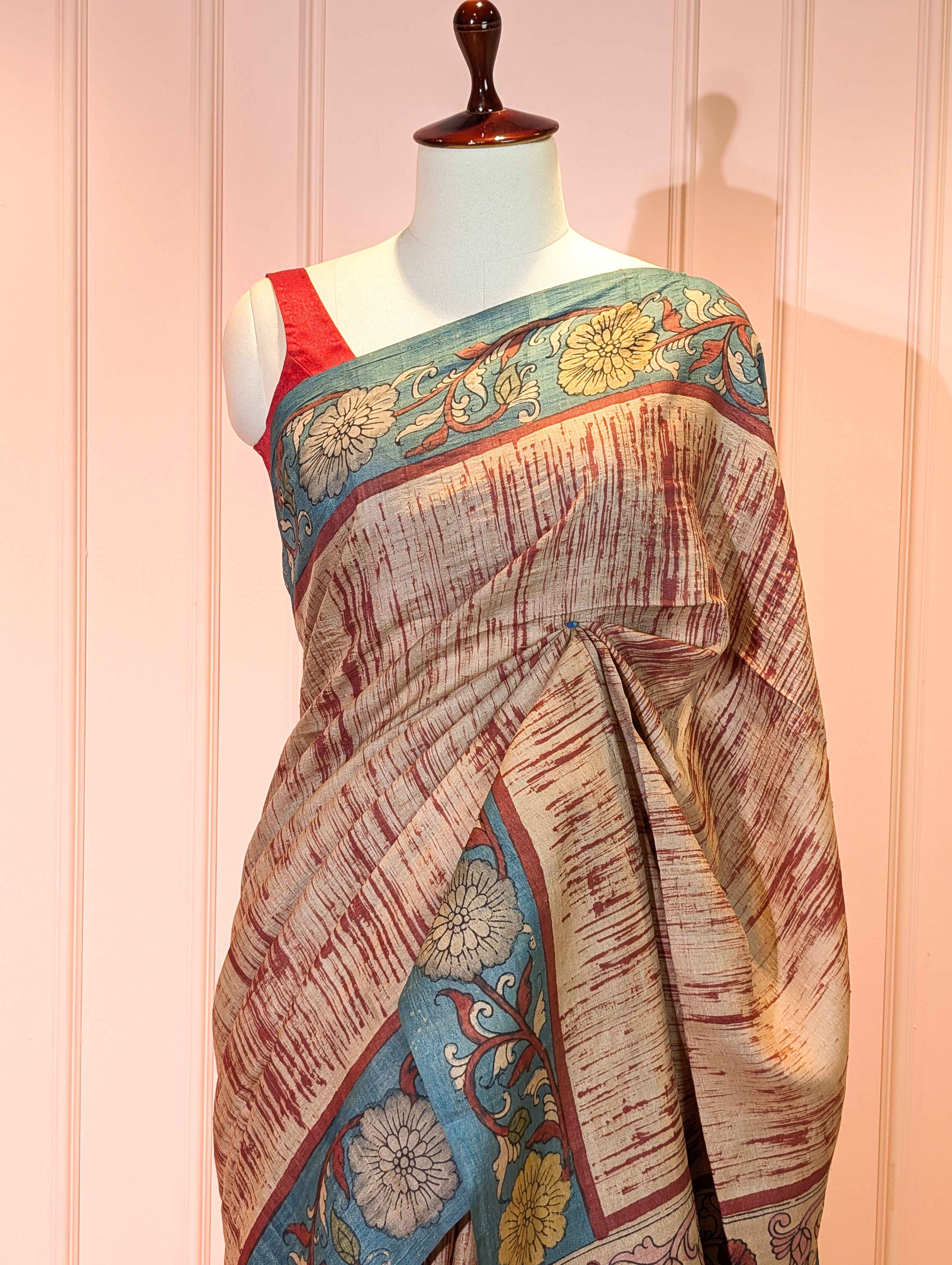 Pure Handloom Tussar with Pen Kalamkari X Ajrak Block