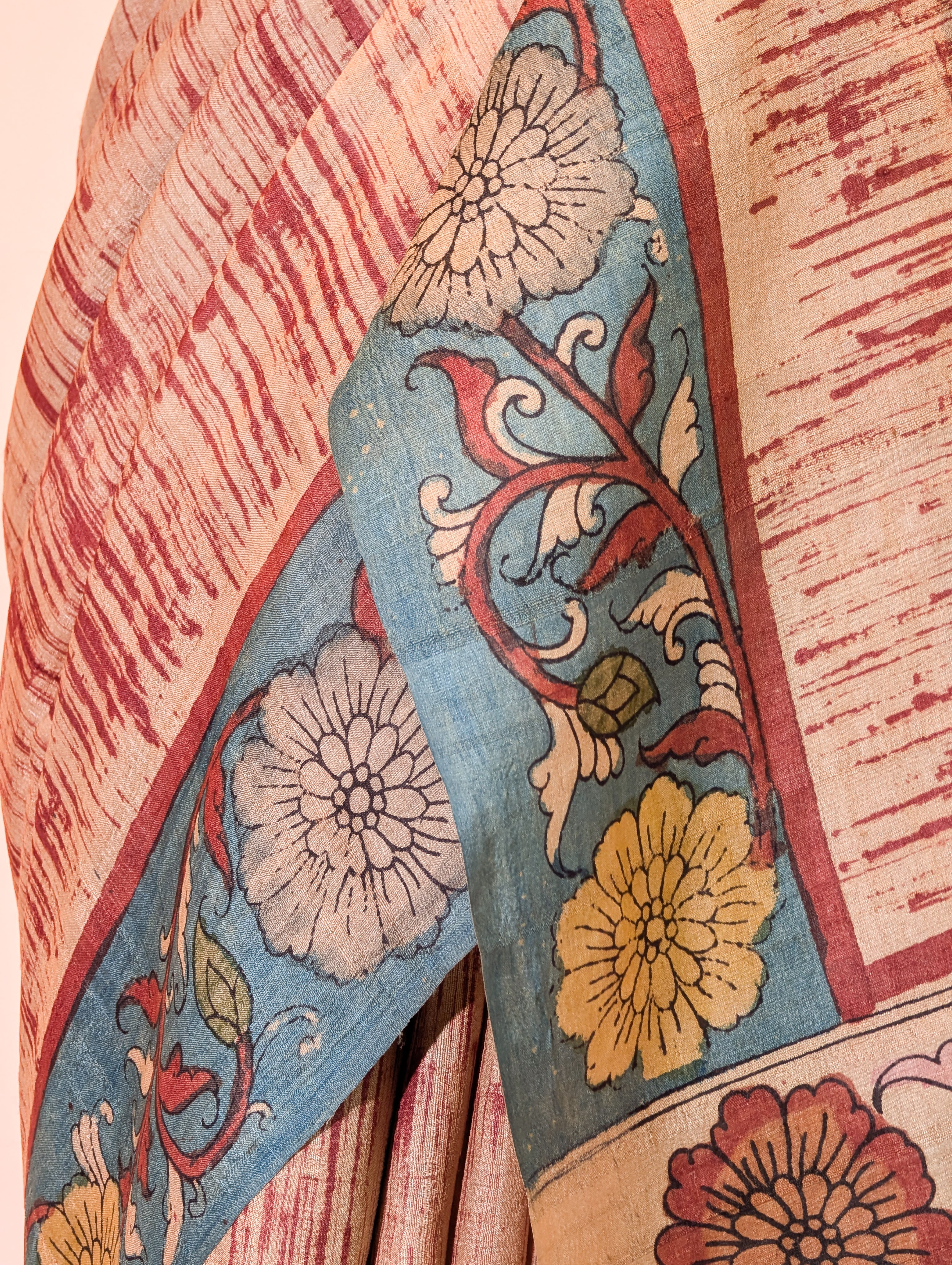 Pure Handloom Tussar with Pen Kalamkari X Ajrak Block