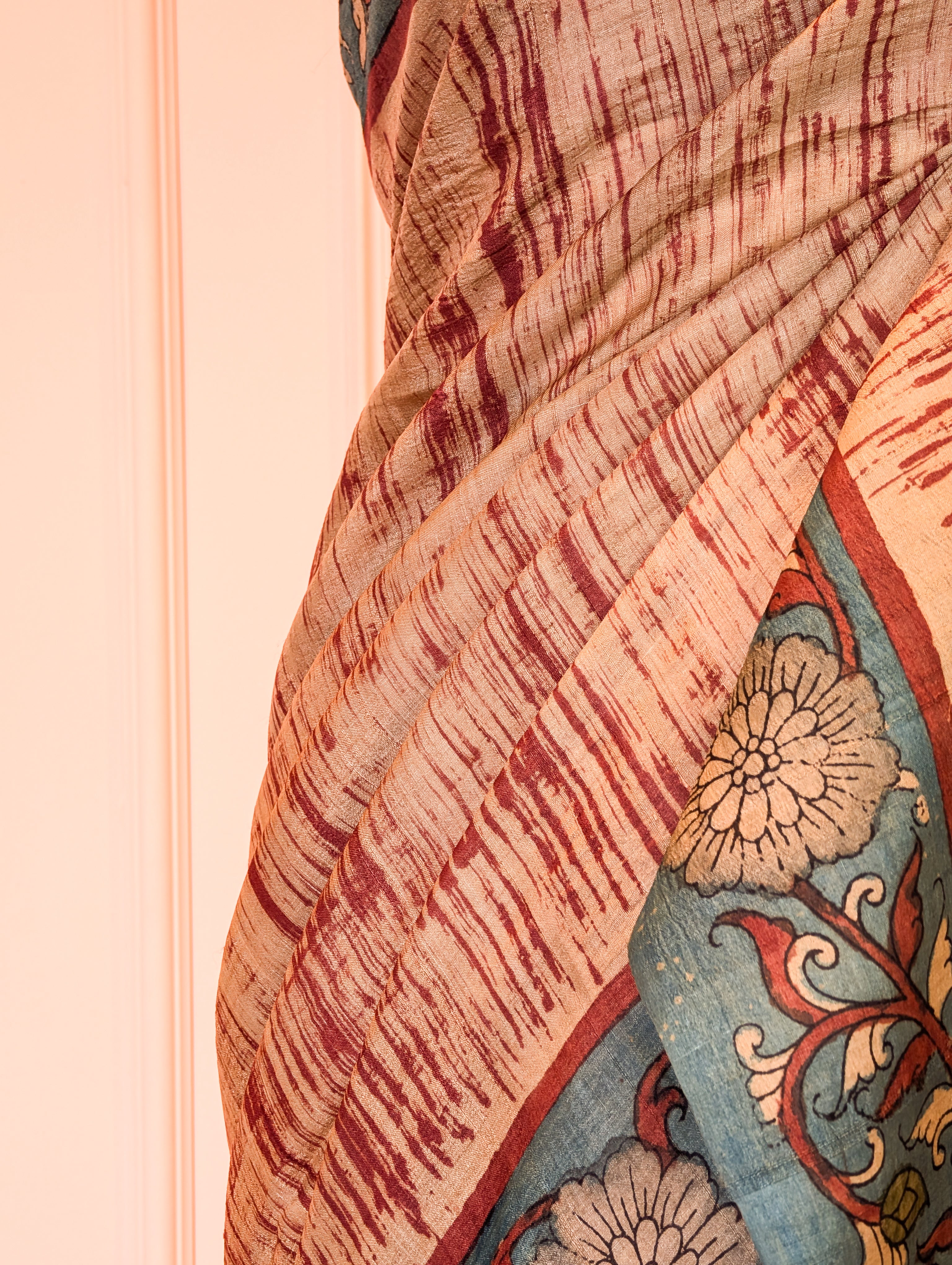 Pure Handloom Tussar with Pen Kalamkari X Ajrak Block