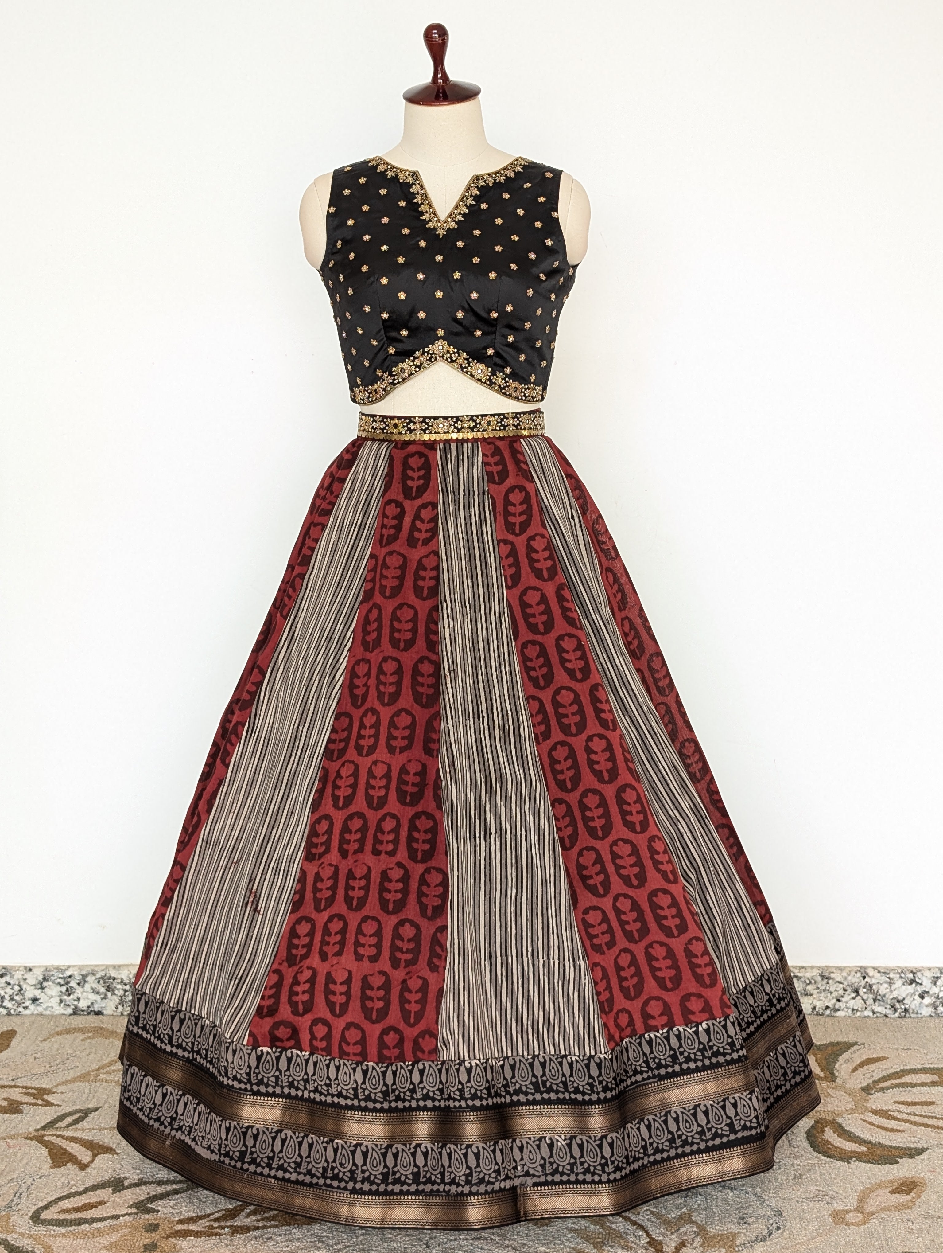 Black & Maroon Printed Lehenga Set with Embroidered Blouse