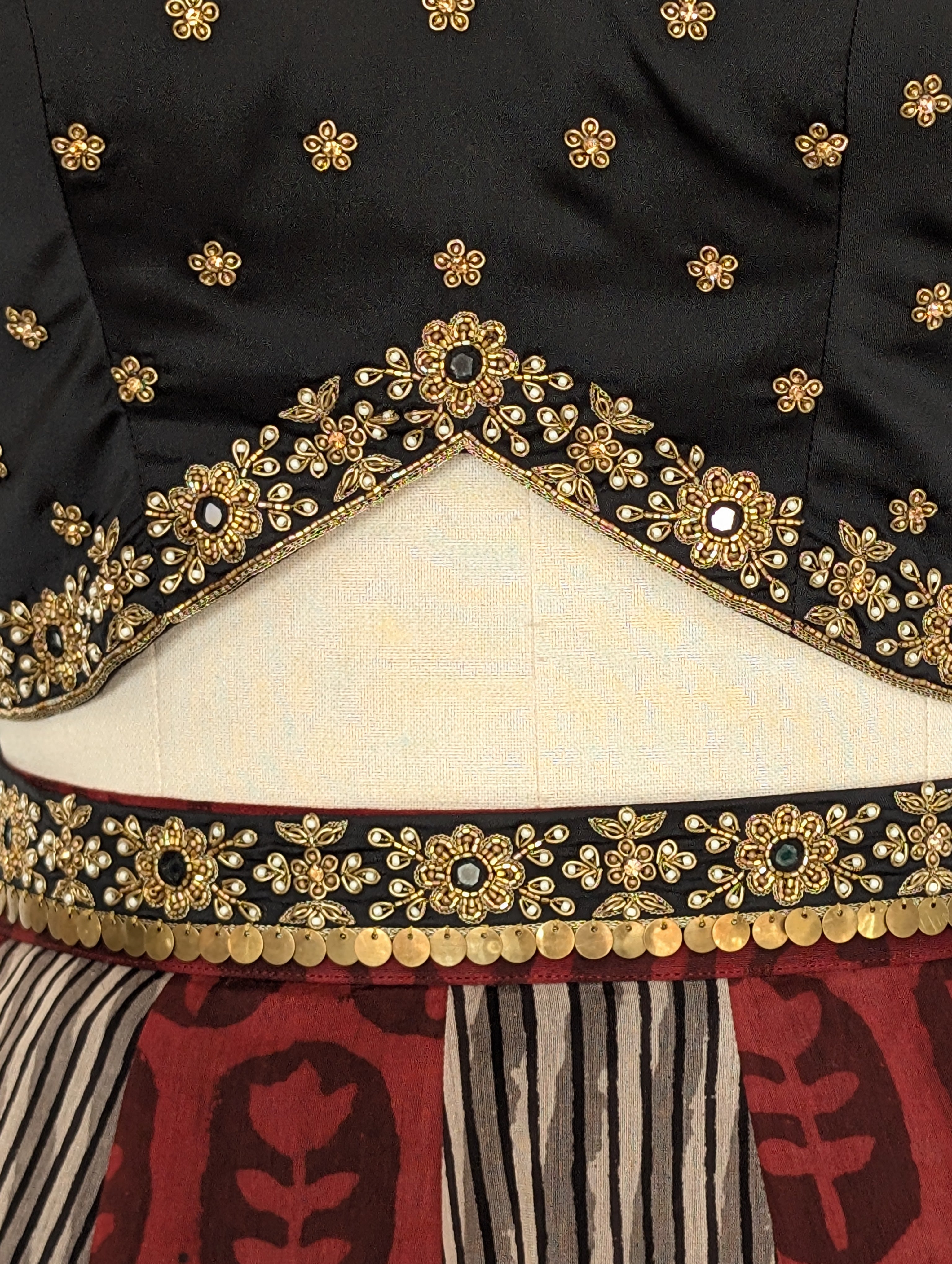 Black & Maroon Printed Lehenga Set with Embroidered Blouse