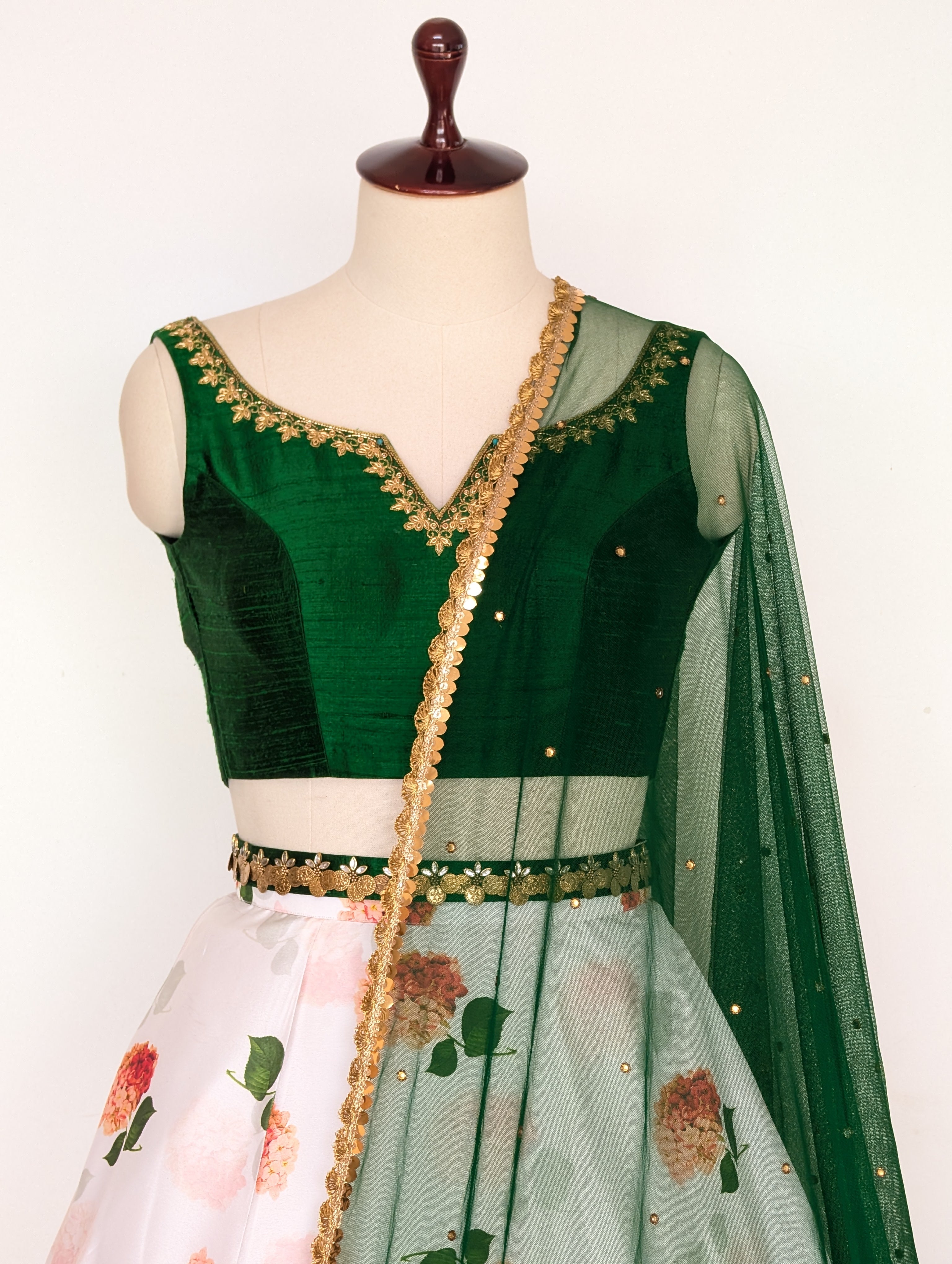 Emerald Green & Floral Printed Lehenga Set