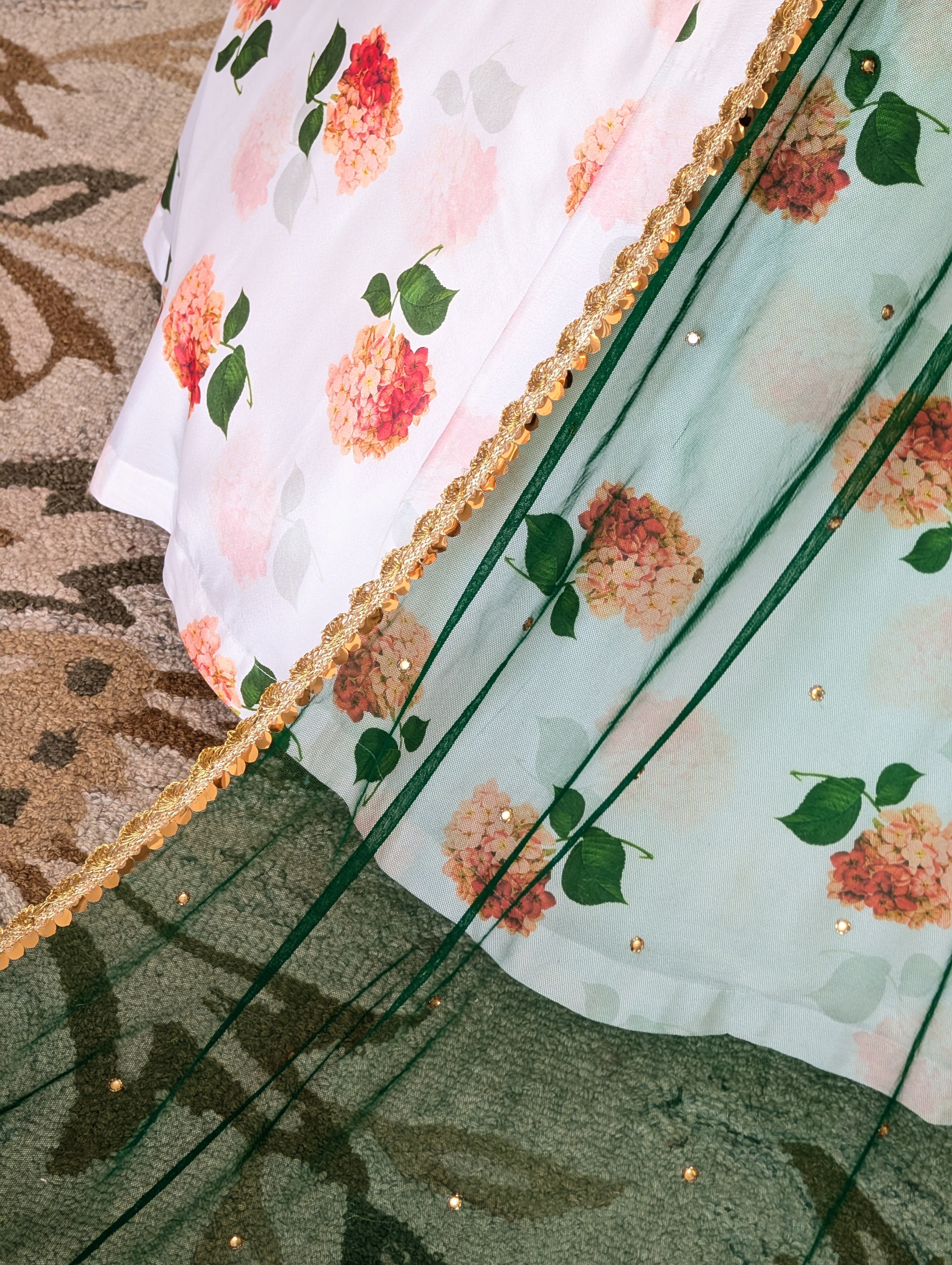 Emerald Green & Floral Printed Lehenga Set