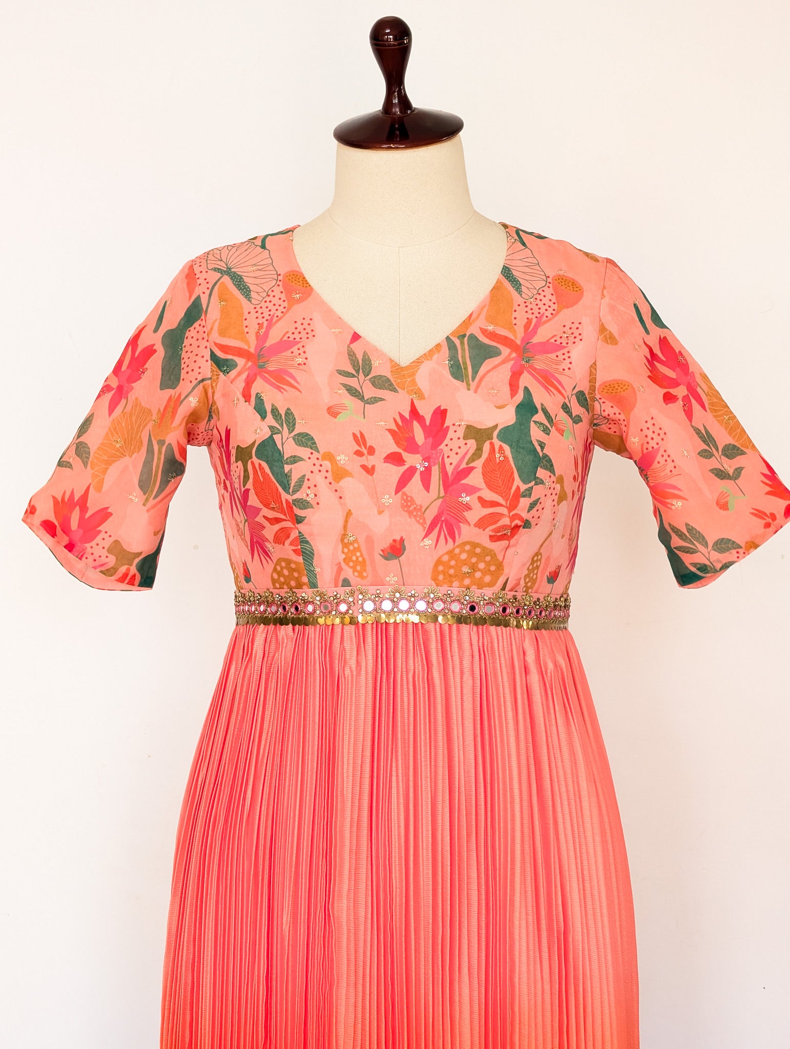 Peach Floral Pleated Anarkali Dress