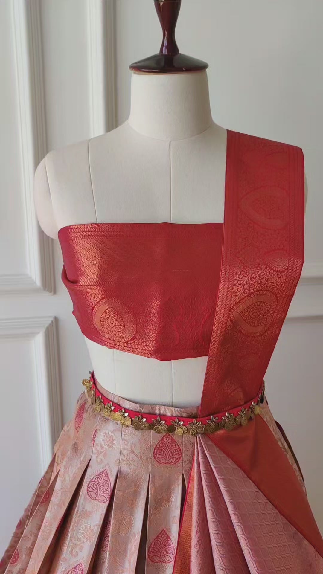 Pinkish Grey & Red Pre-Draped Lehanga Set