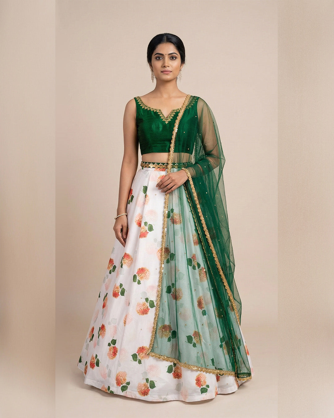Emerald Green & Floral Printed Lehenga Set