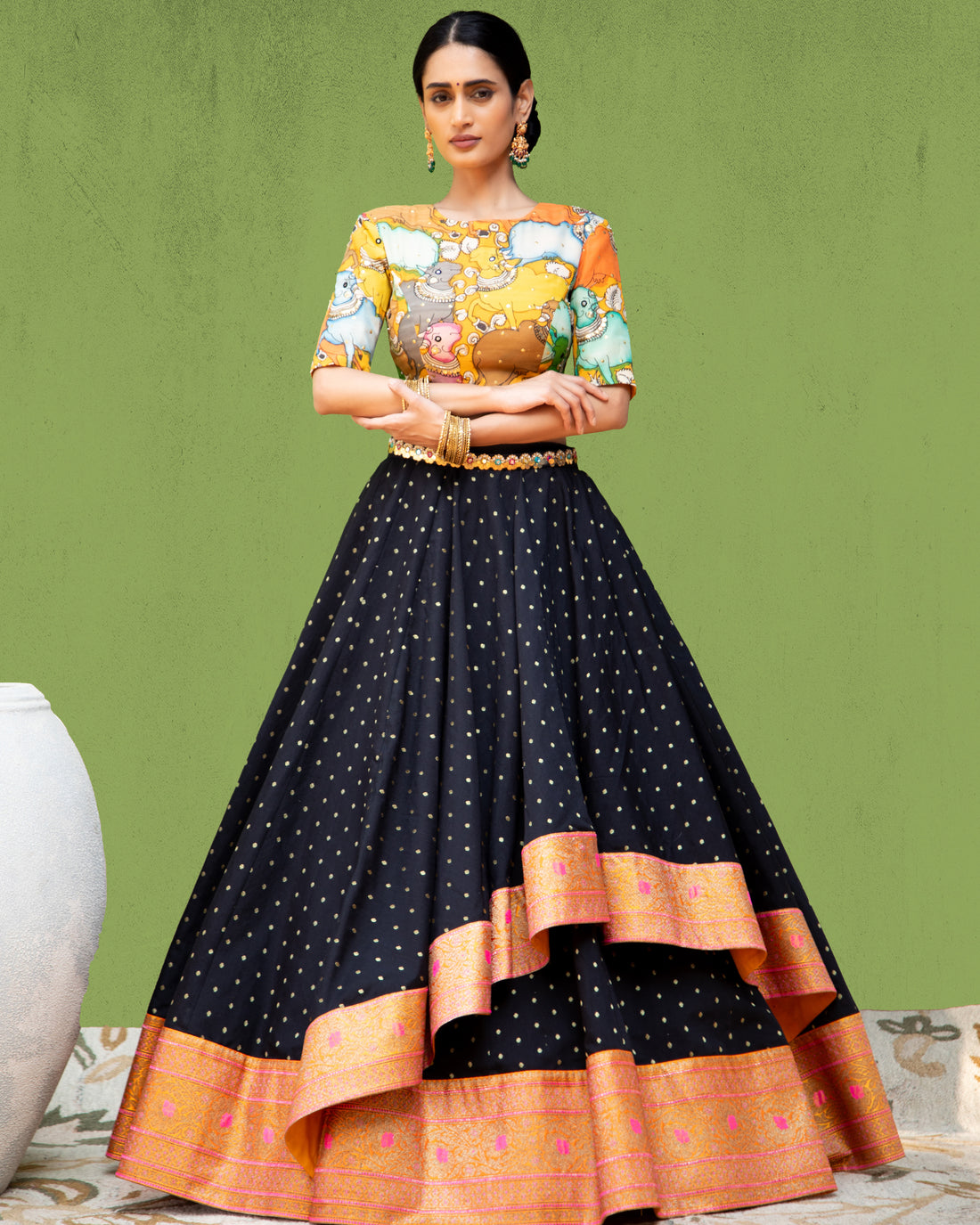 Black Asymmetric Skirt with Kalamkari Blouse