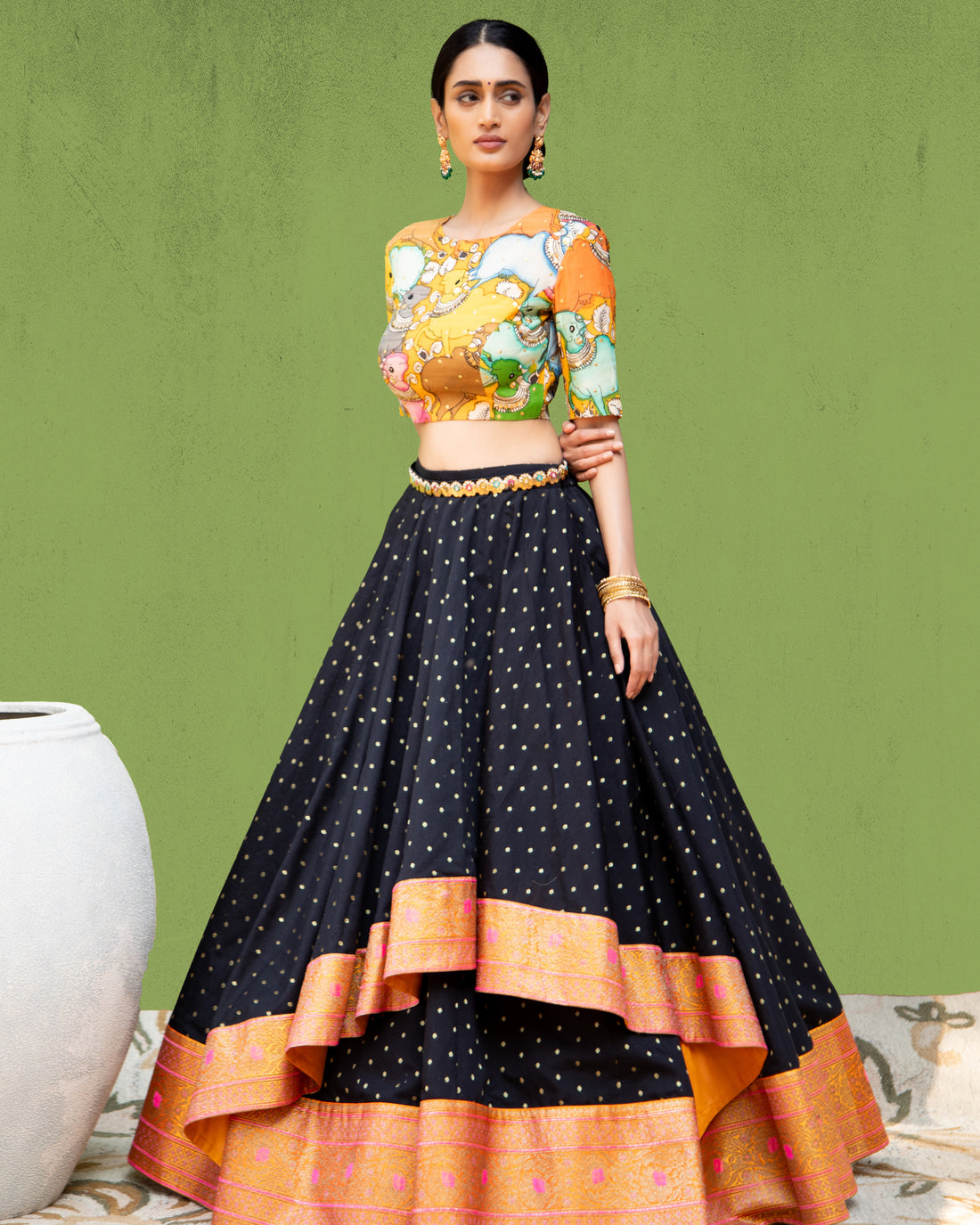 Black Asymmetric Skirt with Kalamkari Blouse
