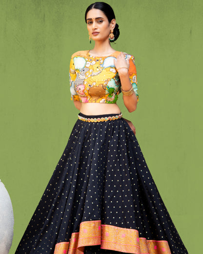 Black Asymmetric Skirt with Kalamkari Blouse