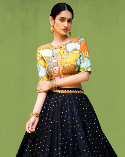 Black Asymmetric Skirt with Kalamkari Blouse