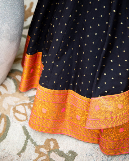 Black Asymmetric Skirt with Kalamkari Blouse