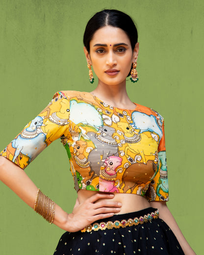 Black Asymmetric Skirt with Kalamkari Blouse