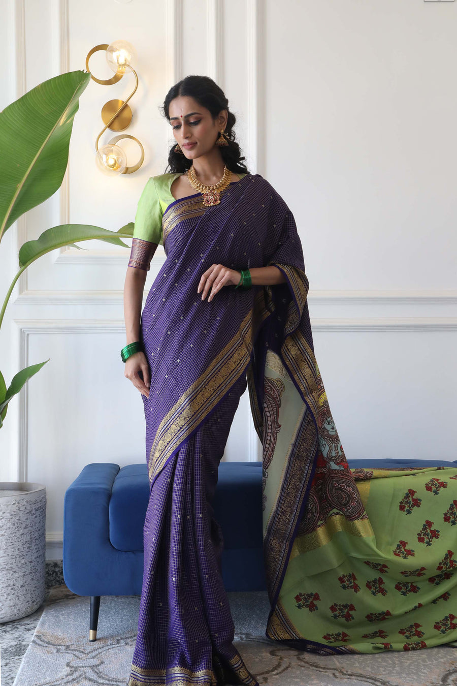 Pure Mysore Silk Crepe - Deep Blue with Kalamkari Printed Pallu